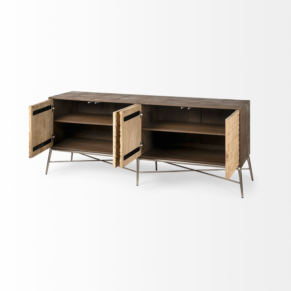 Swordfish 72L x 19W x 30.25H Two-Tone Brown Wood Cabinet Silver Metal Base 4 Cabinet Door Sideboard-Sideboards & Buffets-DECOROLALA