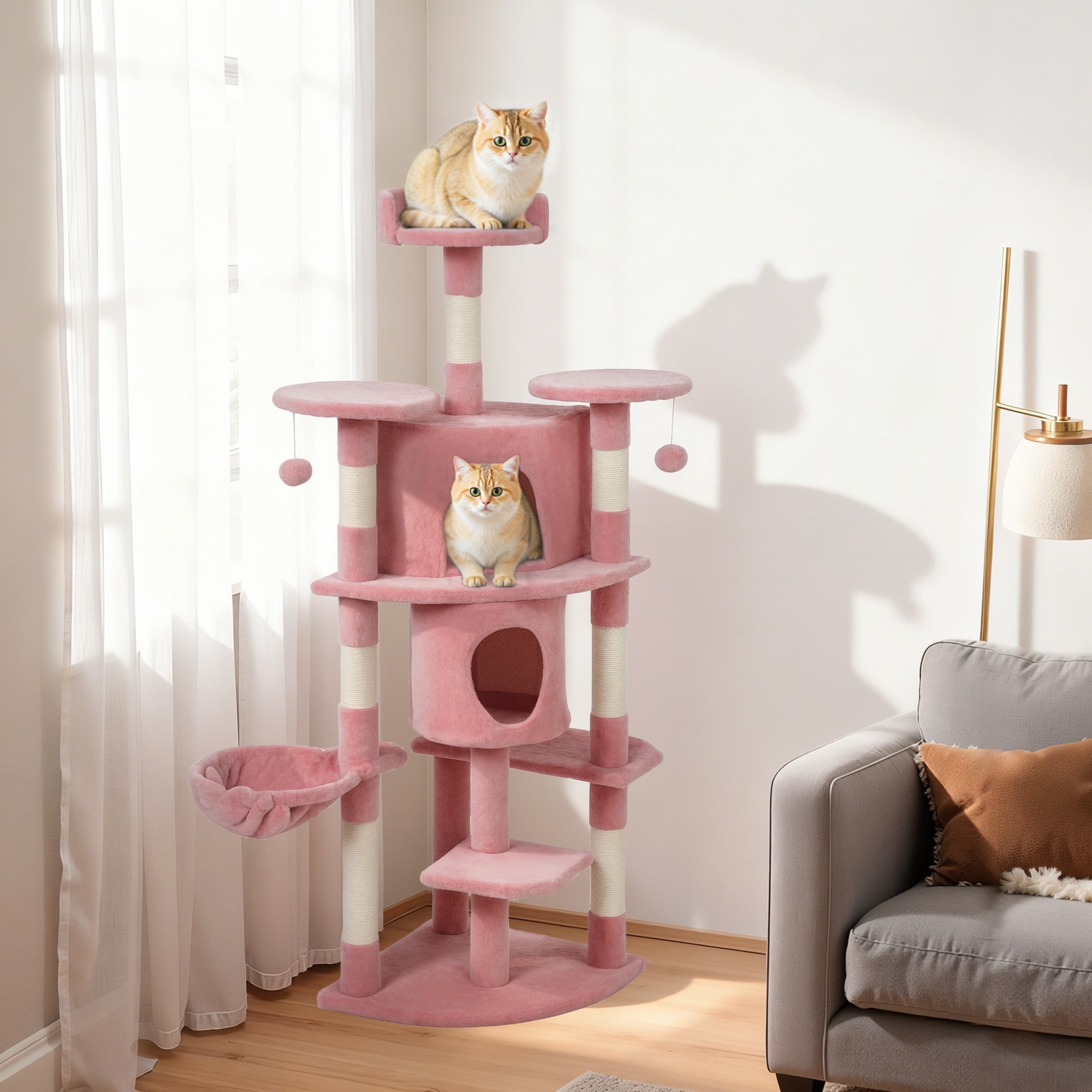62" Cat Tree with Scratching Post, 2 Condos, Hammock, Perches, Plush, Pompoms, for Indoor Cats, Pink