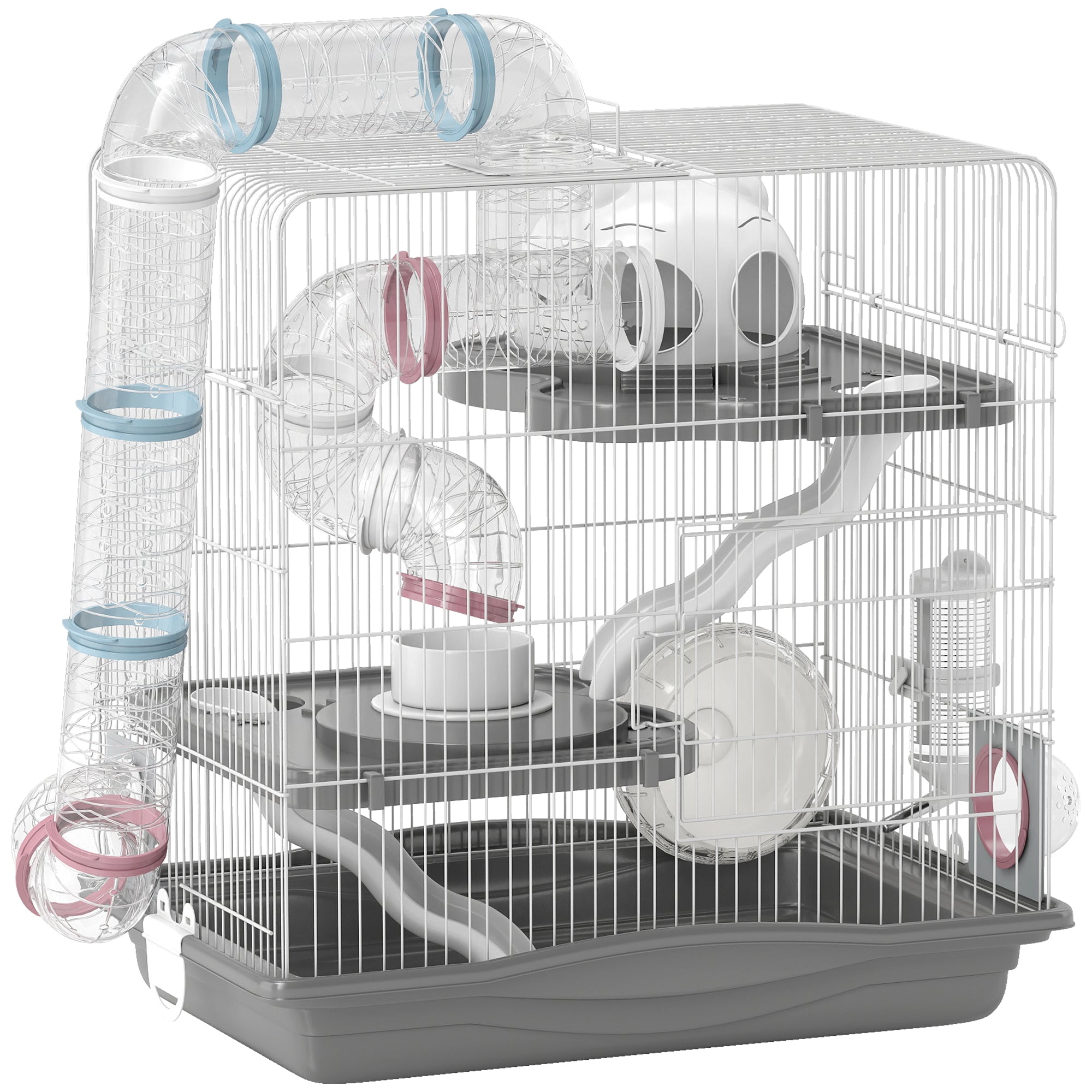 3-Tier Hamster Cage, Portable Gerbil Cage with Exercise Wheels, Water Bottle, Food Dish, for Dwarf Hamsters, Mouse, Grey