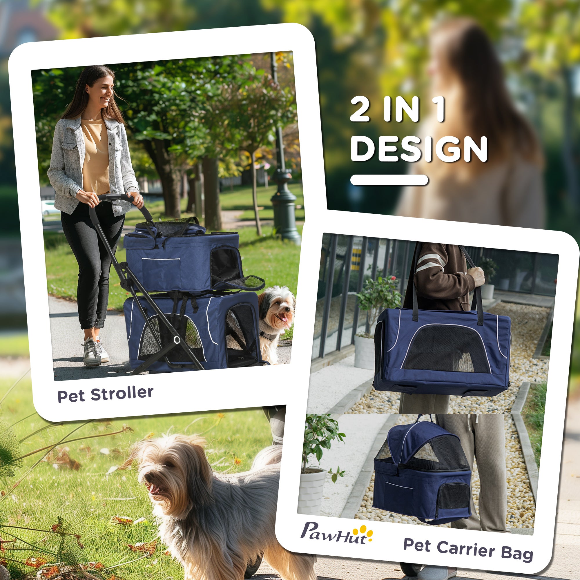 Poussette double 3-en-1 pour petits chiens miniatures et chats, avec sac de transport amovible et pliable, siège auto, bleu