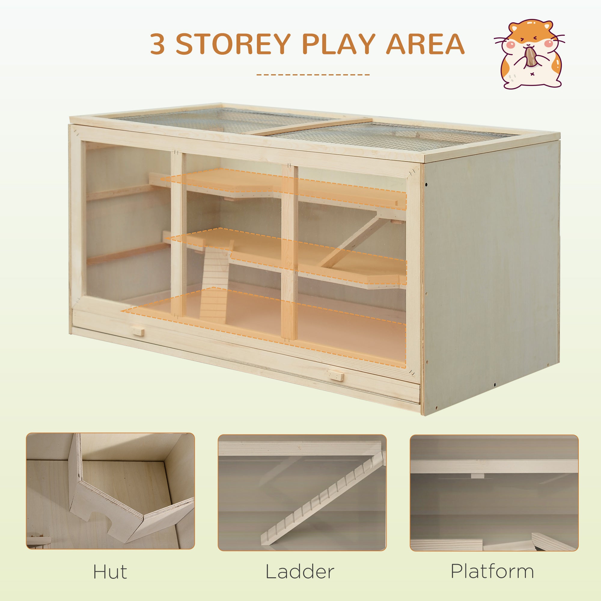 Wooden Hamster Cage Rat Cage with Slide, Tray, Natural Wood