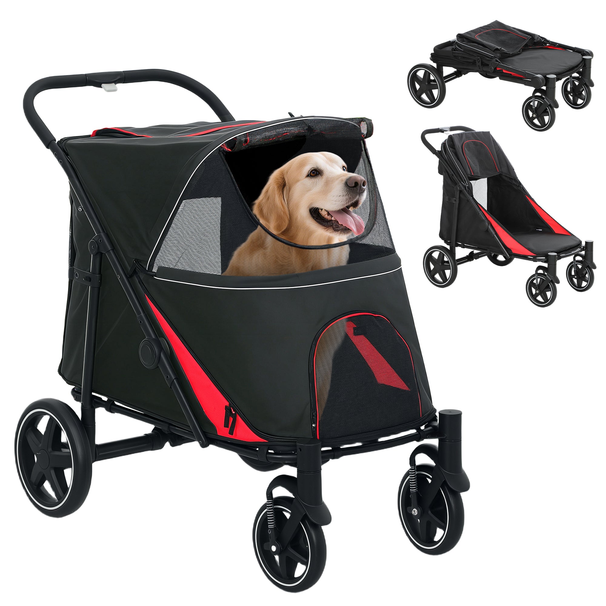 Foldable Pet Stroller with Universal Front Wheels, Shock Absorber, Dog Cat Carriage for Large & Medium Dogs, Black