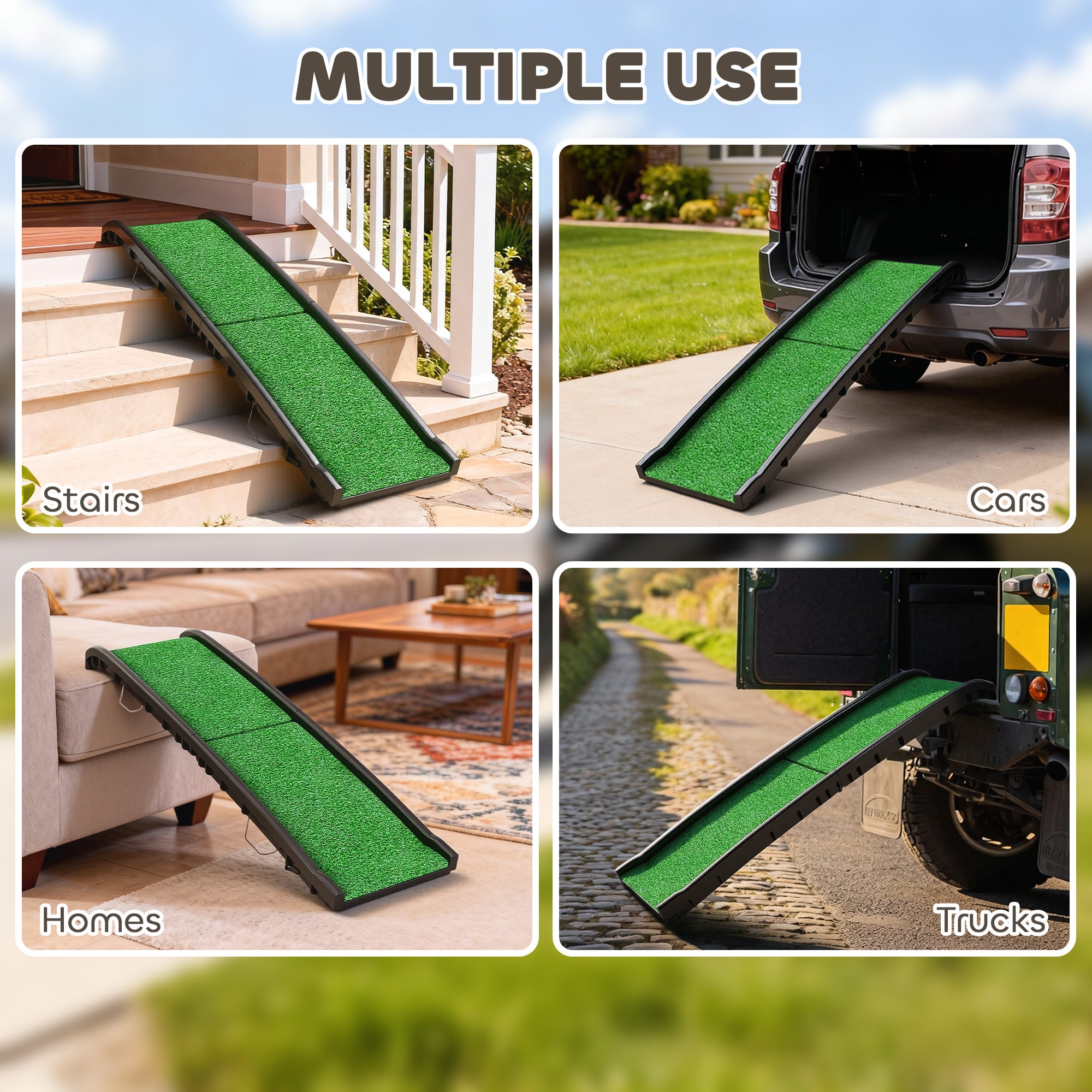 61 Inches Folding Pet Ramp with Grass Surface, Raised Side Rails, for Cars, SUVs