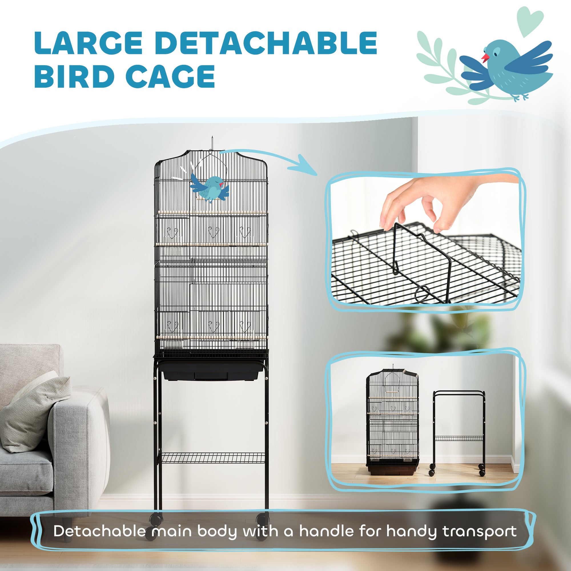 62" Rolling Bird Cage Cockatoo House Play Top Finch Pet Supply with Storage Shelf, Wheels - Black