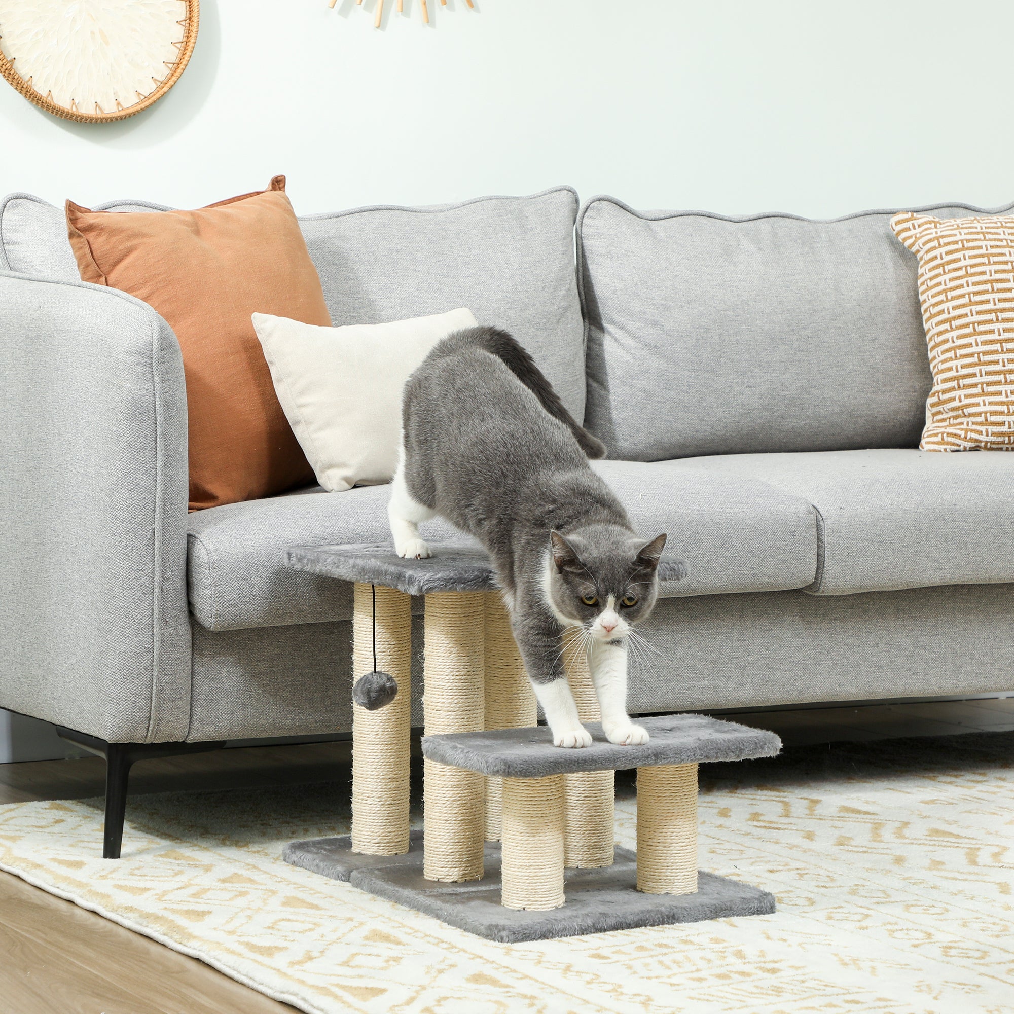 Cat Stairs with 2 Sisal Scratching Post for High Bed Couch, Adjustable 3-Tier Pet Stairs, White & Grey