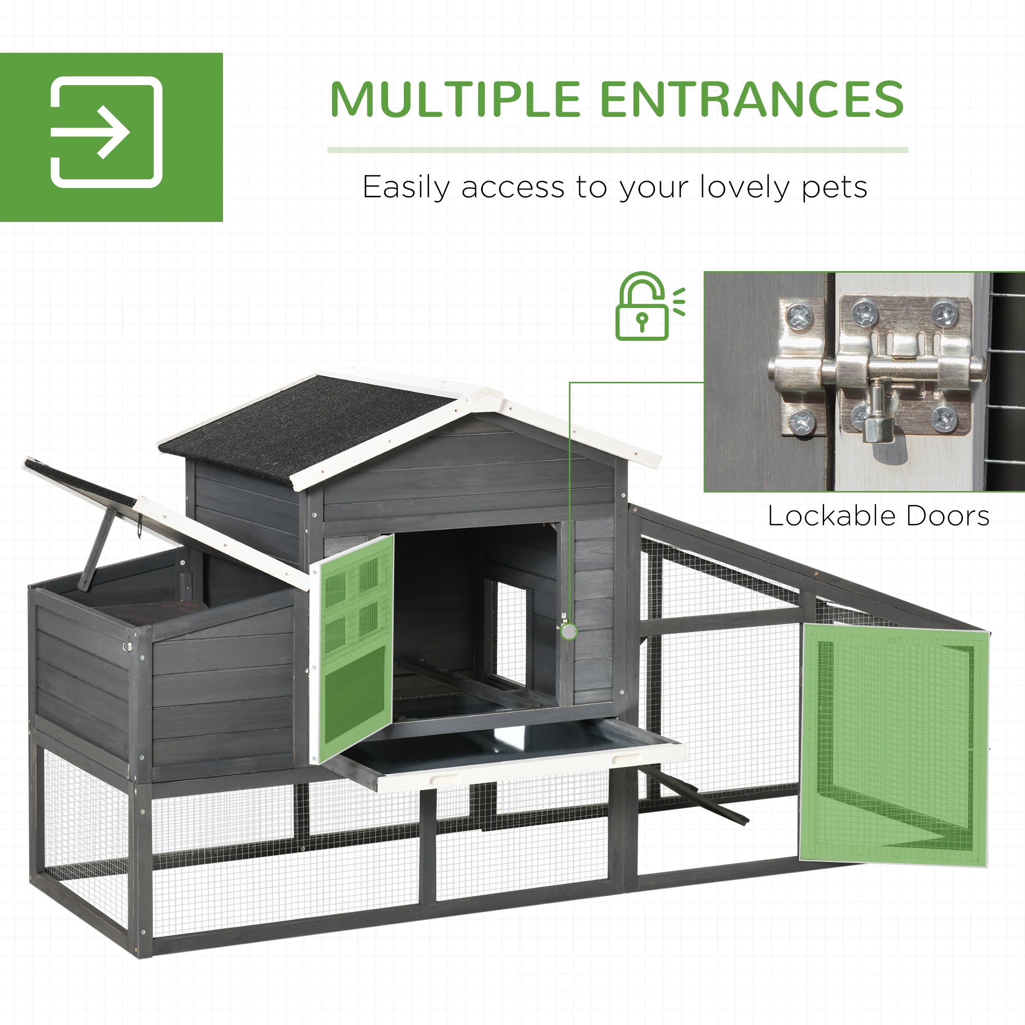 79" Wooden Chicken Coop, Outdoor Hen House, Poultry Habitat with Removable Tray, Nesting Box, Run, Ramp, Grey