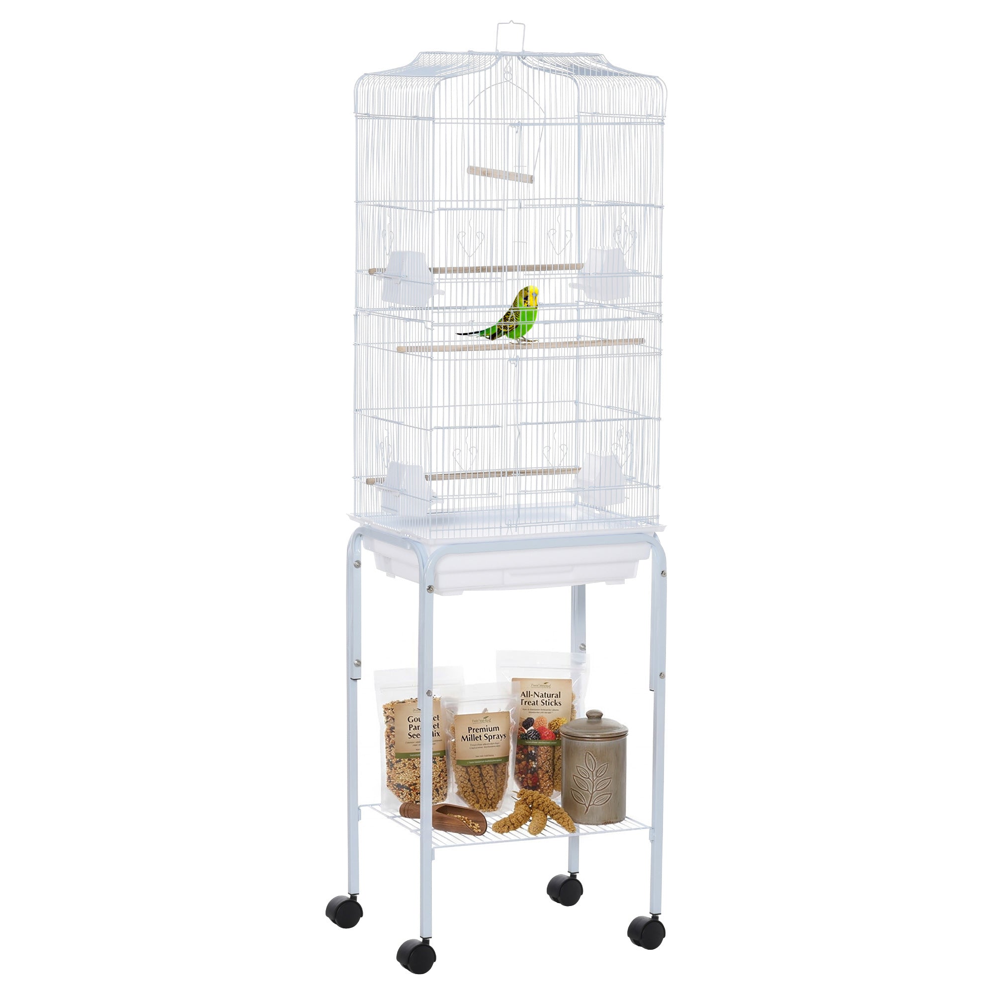62" Rolling Bird Cage Cockatoo House Play Top Finch Pet Supply with Storage Shelf, Wheels - White