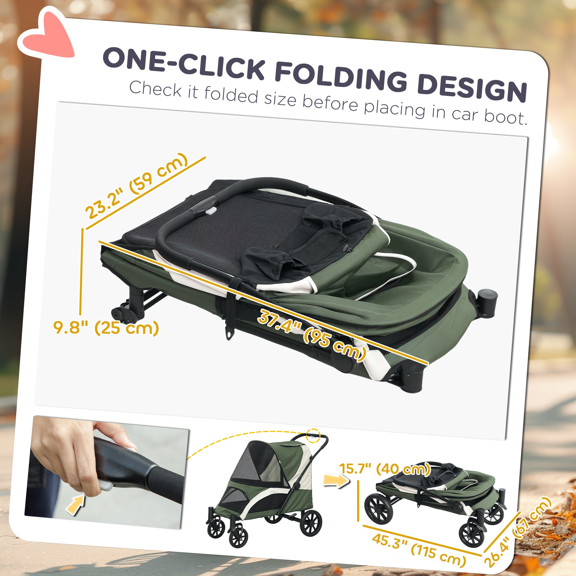 Foldable Pet Stroller for Medium Dogs with Four Big Wheels, Shock-Absorbing Frame, Safety Leashes, Brakes, Dark Green