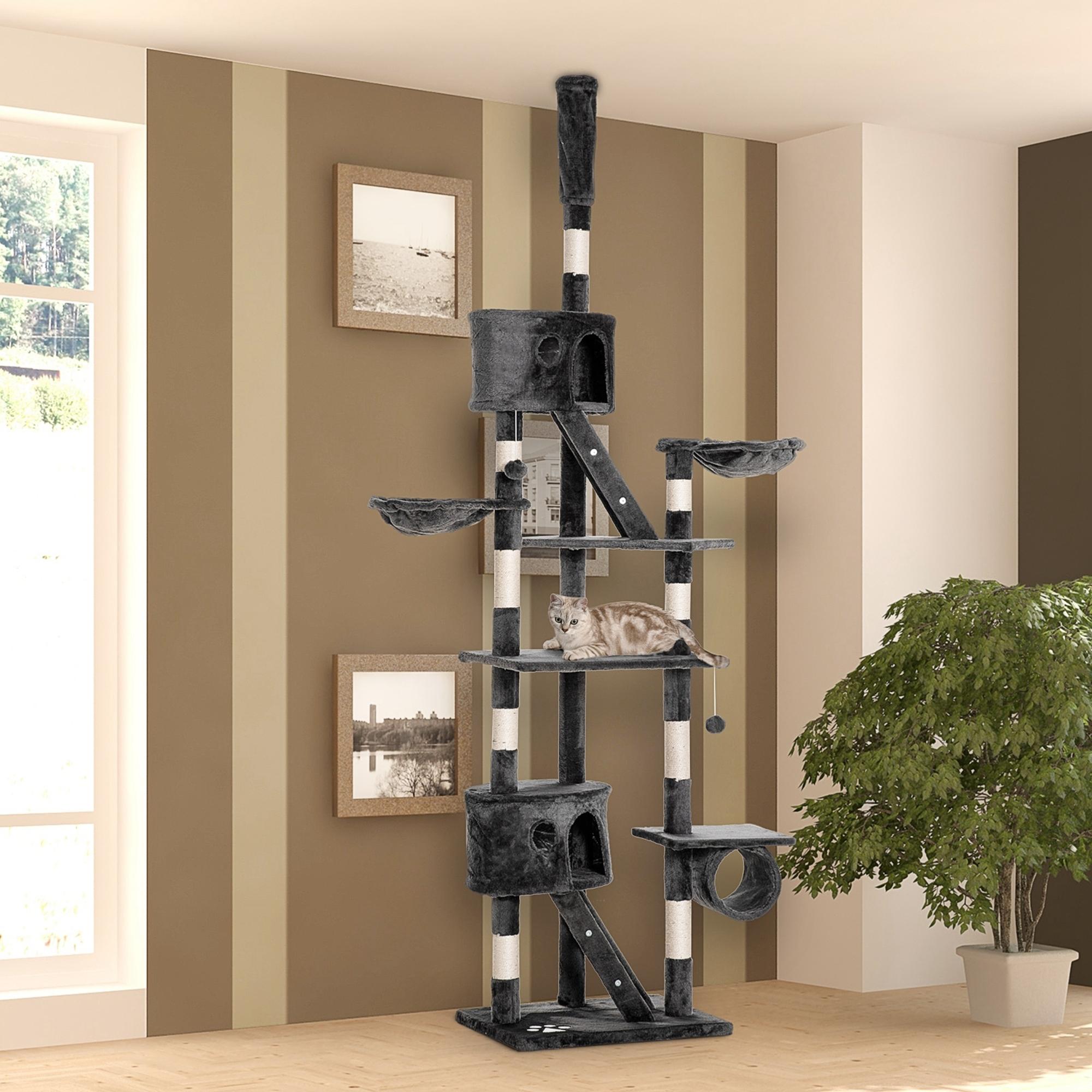 94"-102" Floor to Ceiling Cat Tree High Cat Condo Scratching Post Activity Center Multi-Level Play House Dark Grey