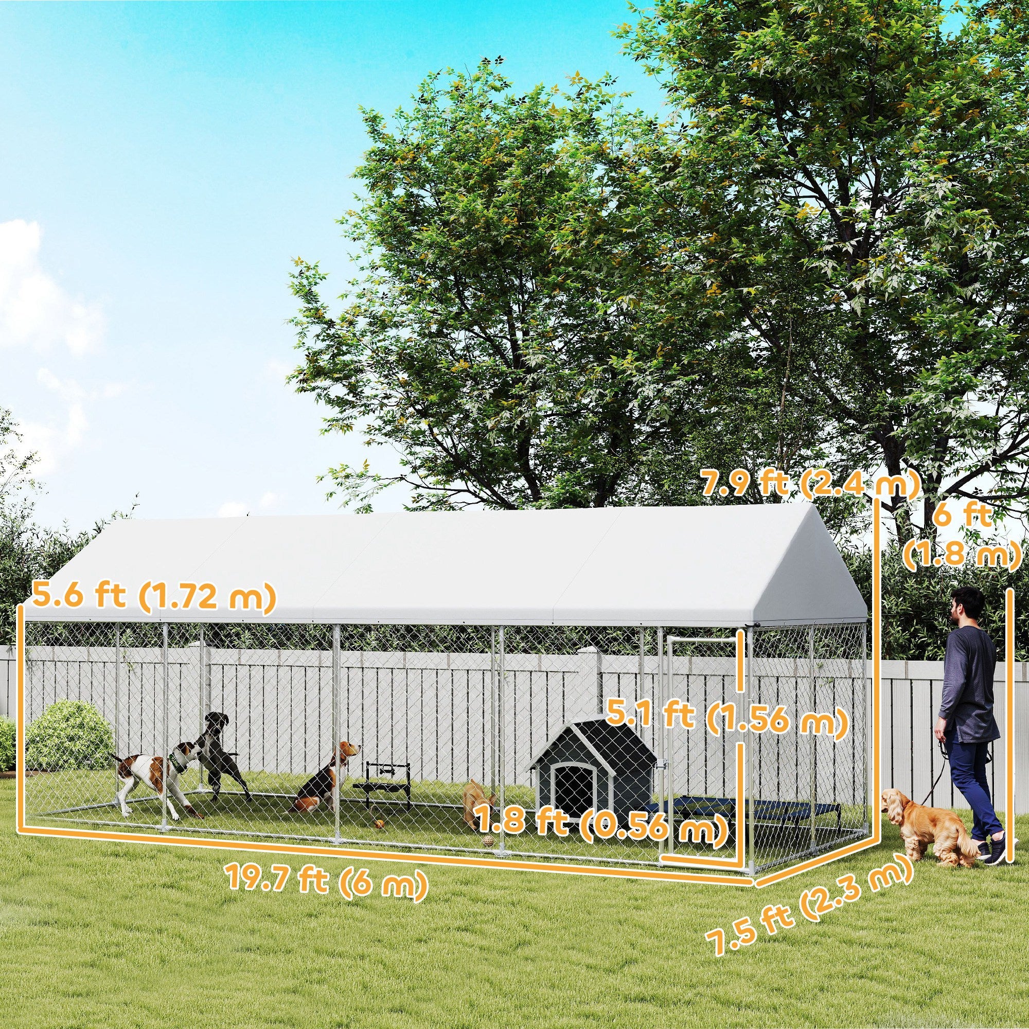 Chenil extérieur robuste pour chien avec toit imperméable, loquet sécurisé et enclos pour chien en mailles métalliques, pour jardin, 19.7' x 7.5' x 7.9'