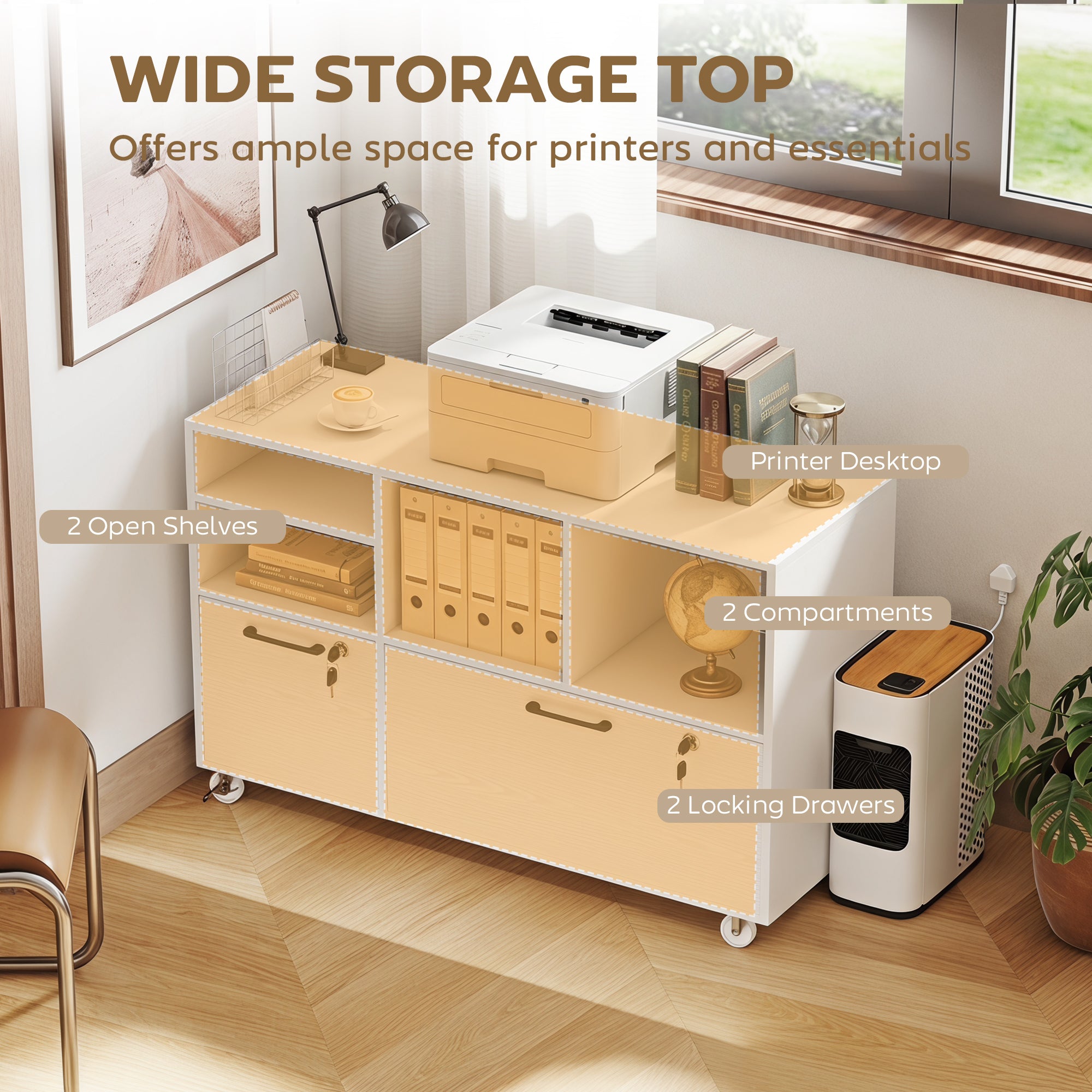 2-Drawer Mobile Lateral File Cabinet with Charging Station - White