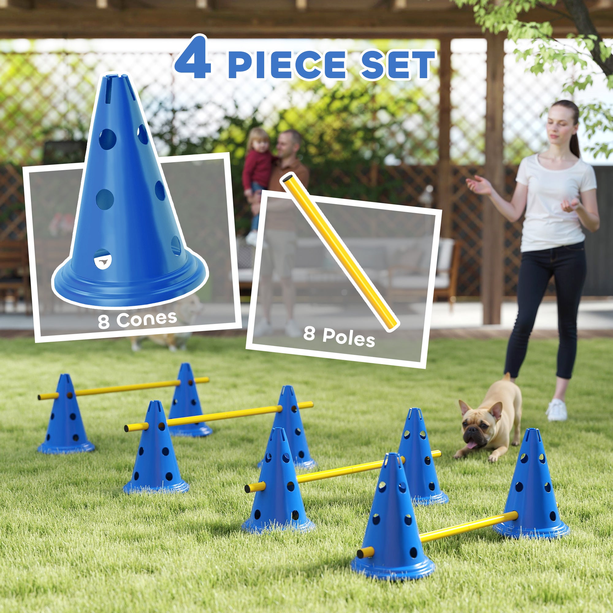 Ensemble de cônes et de haies d’agilité pour chiens, parcours d’obstacles réglable avec 8 cônes et 8 barres, sac de transport, bleu
