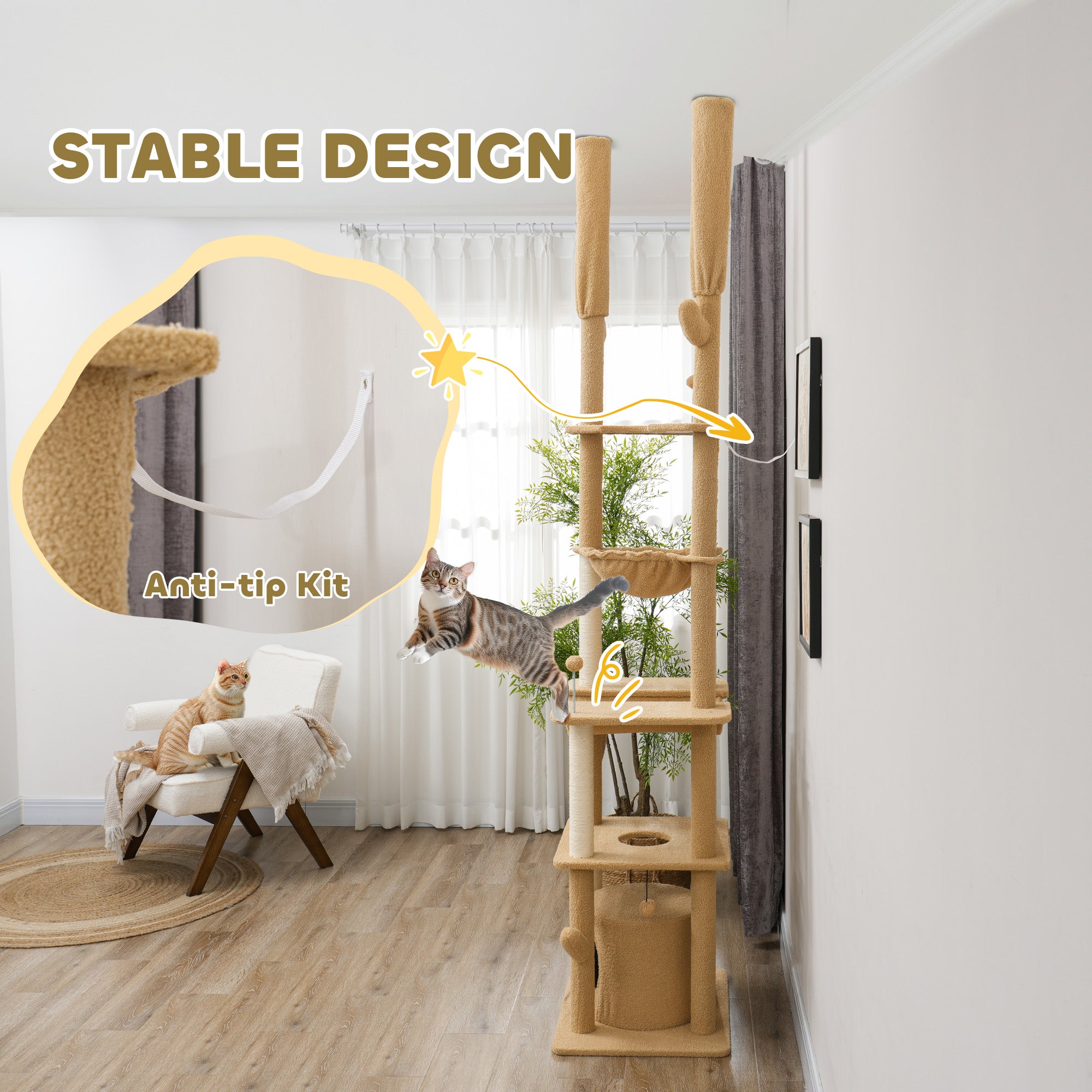 89"-100" Floor to Ceiling Cat Tree Cat Tower for Large Cats w/ Scratching Posts, Grooming Brush Post, Cat Condo, Brown