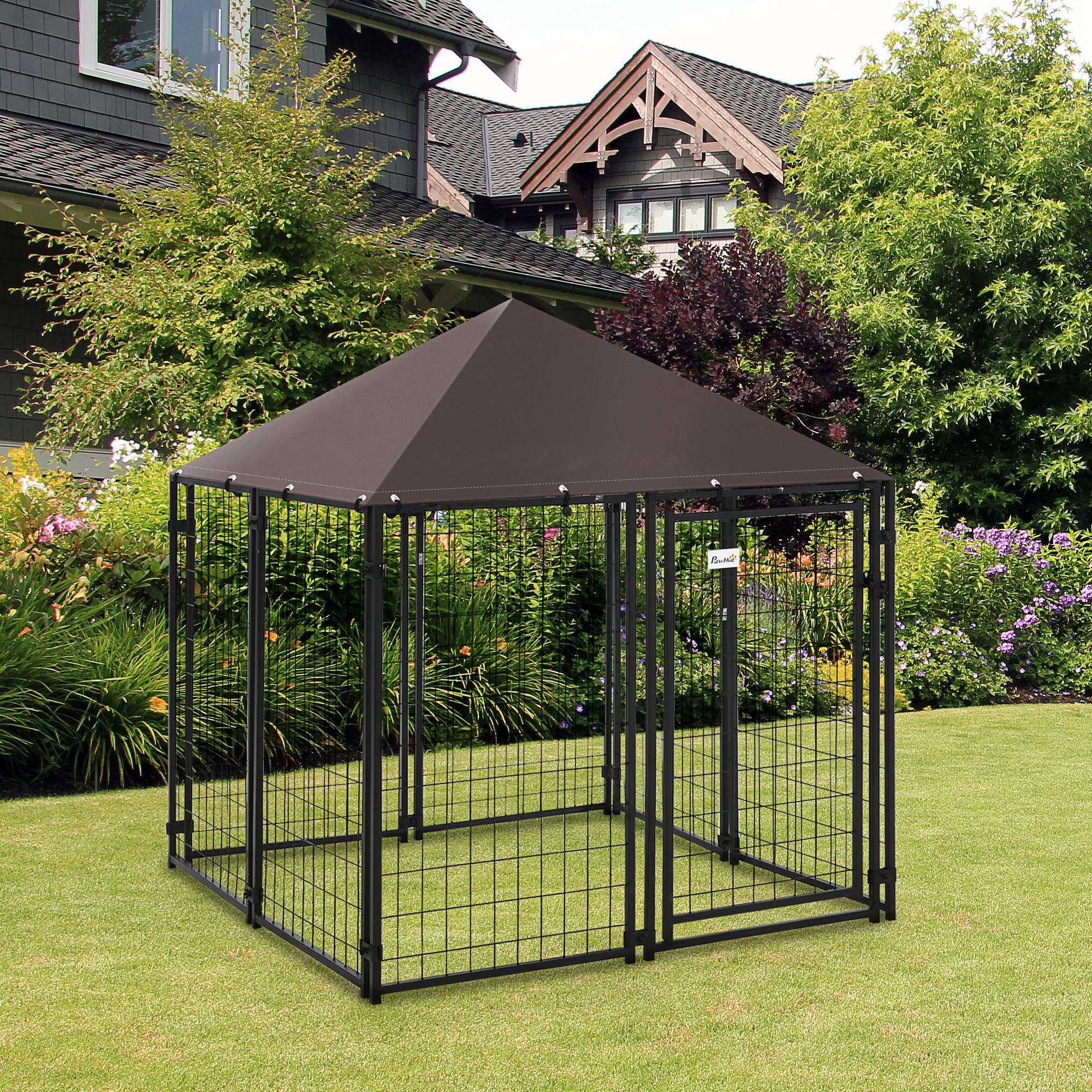Chenil extérieur pour chien, clôture en acier à grillage soudé, parc cage pour animaux verrouillable, avec toit en toile résistant à l’eau et aux UV, porte, 4,6 ft x 4,6 ft x 5 ft, noir