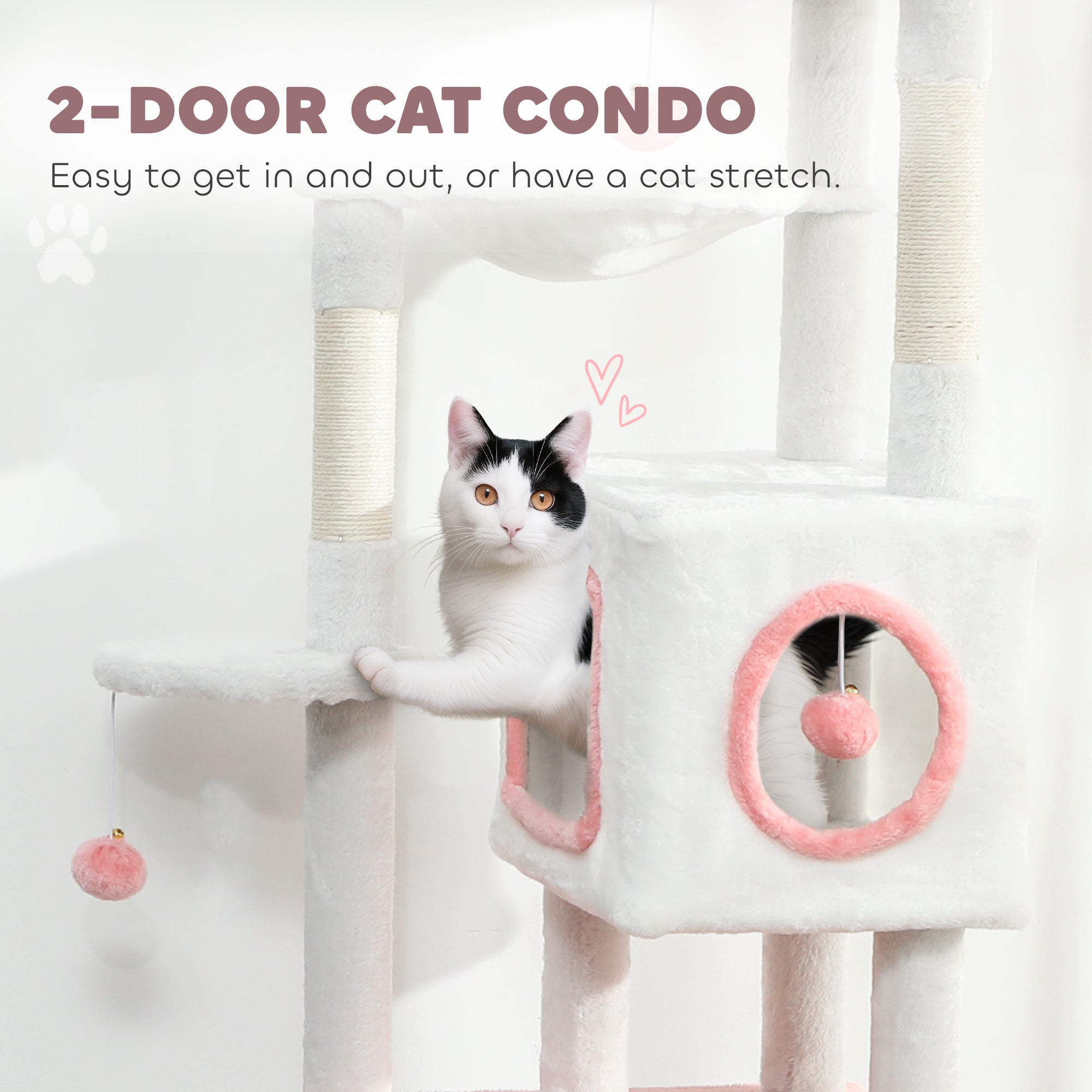 Arbre à chat de 65 pouces avec 2 niches fermées, perchoir supérieur moelleux, hamac, poteaux à griffer en sisal, 4 pompons, rampe, blanc