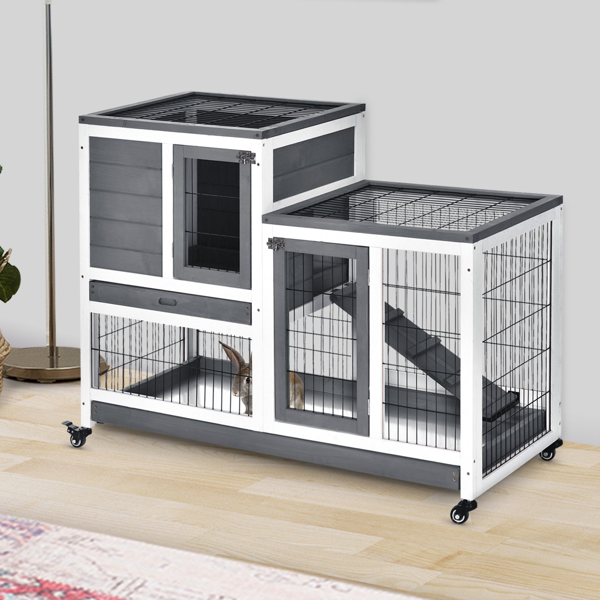 Wooden Rabbit Hutch, Indoor Bunny Cage with Wheels, Pull Out Trays, Run, Grey