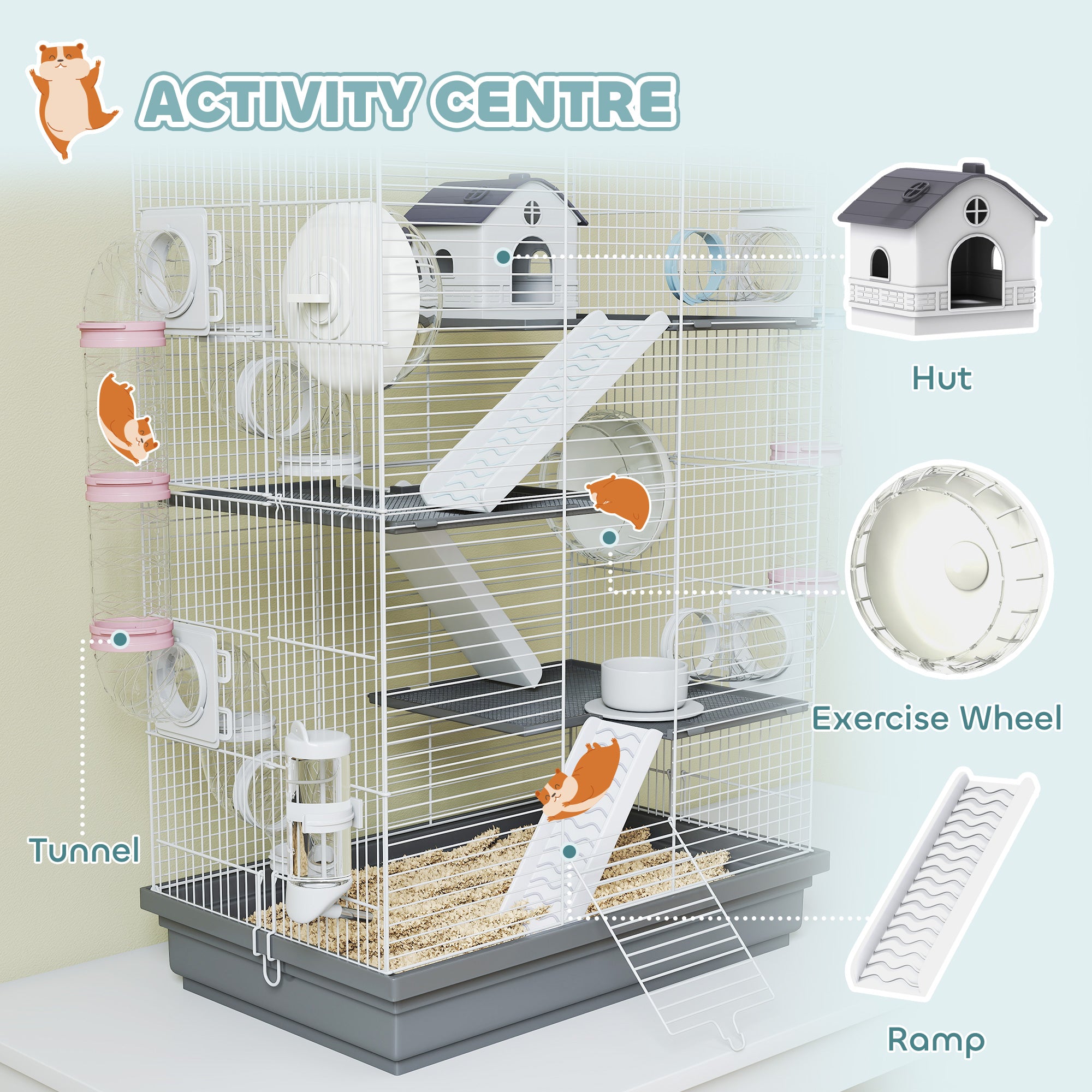 4-Level Large Hamster Cage with DIY Tubes, Water Bottle, Food Dish, Hut, Exercise Wheels, Grey