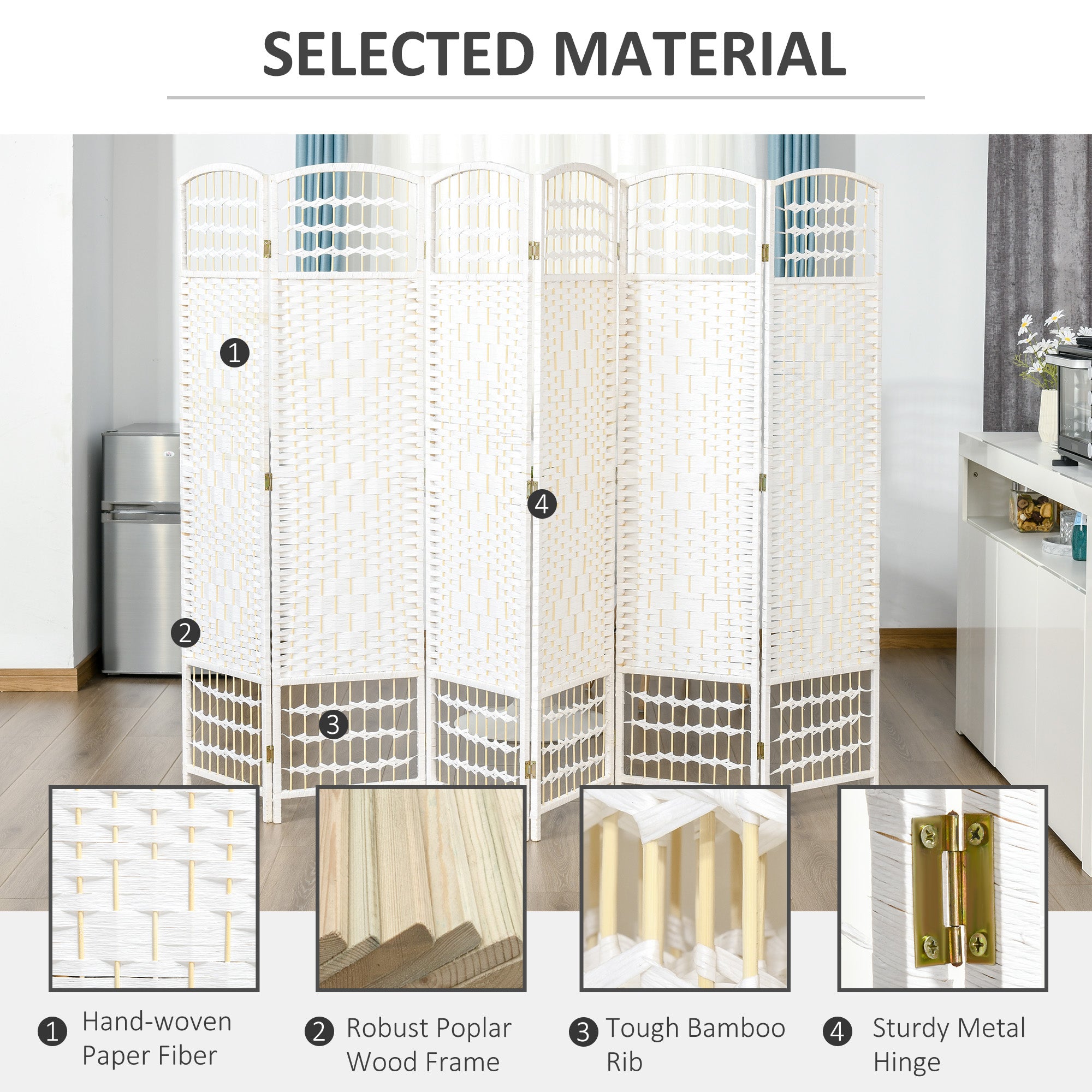 6 Panel Room Divider, 5.6 ft Tall Folding Privacy Screen, Wave Fiber Freestanding Partition Wall Divider for Home Office, White