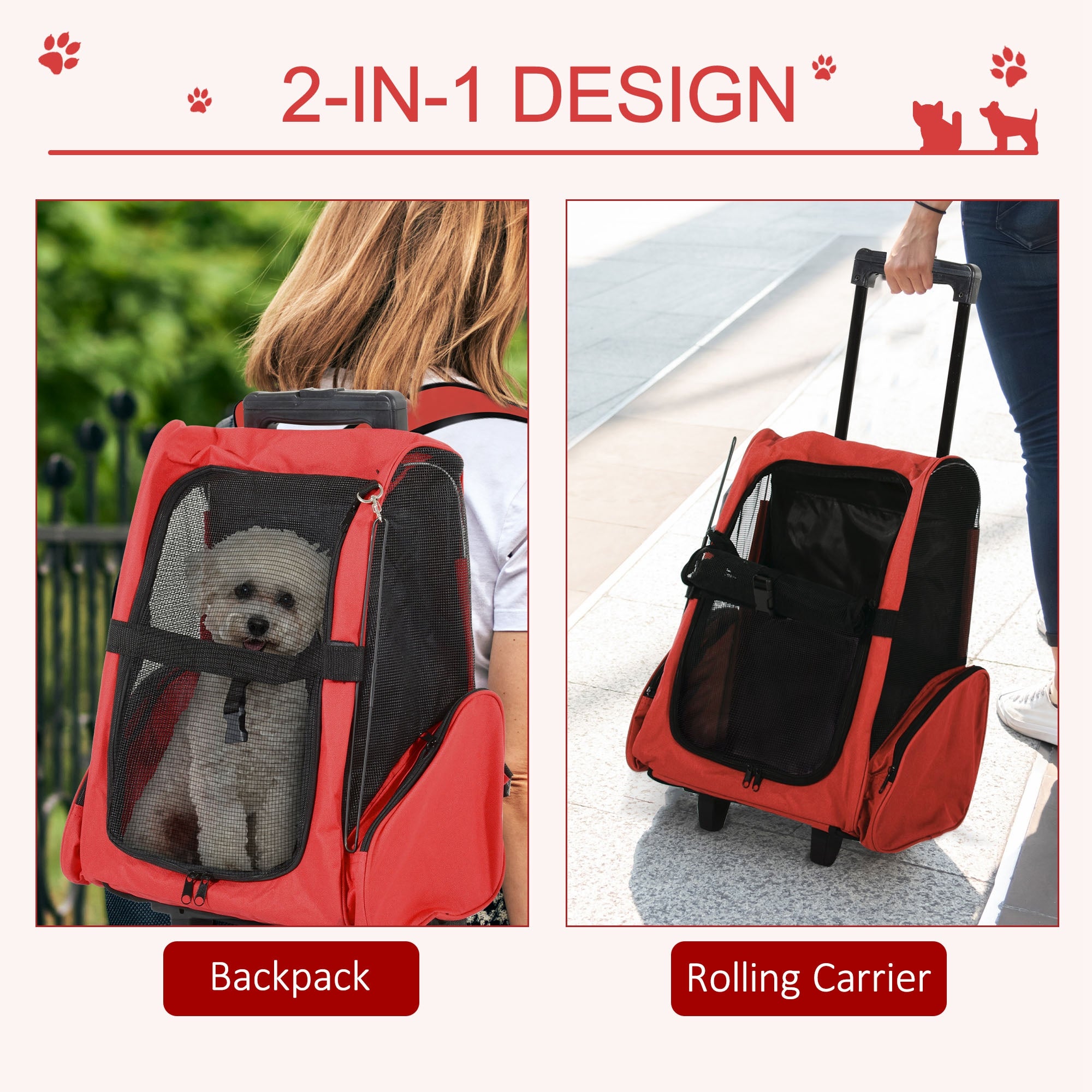 2-IN-1 Pet Luggage Box Backpack Carrier Cats Dogs w/ Handle, Rolling Wheel Red