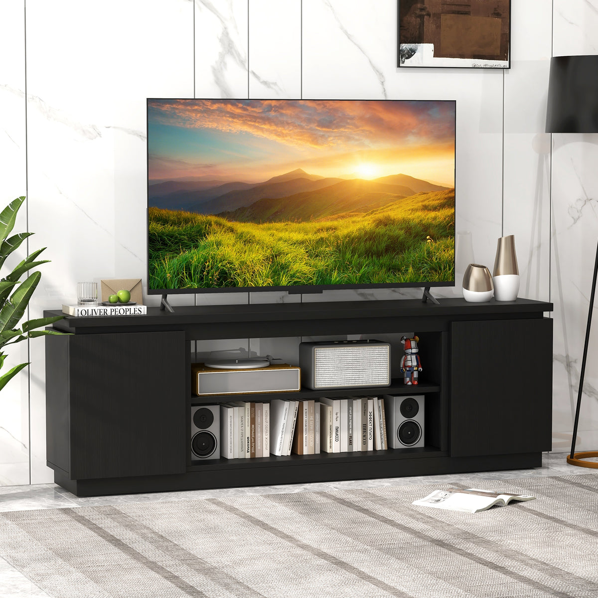 TV Cabinet with 3 Adjustable Shelves and Anti-Tipping Kits for TVs up to 80 Inch-Black-Entertainment Centers & TV Stands-DECOROLALA