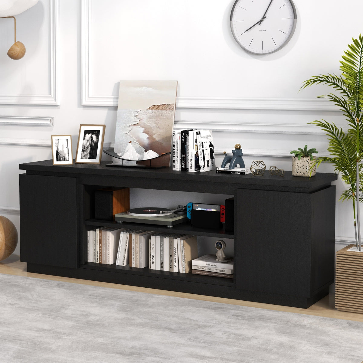 TV Cabinet with 3 Adjustable Shelves and Anti-Tipping Kits for TVs up to 80 Inch-Black-Entertainment Centers & TV Stands-DECOROLALA