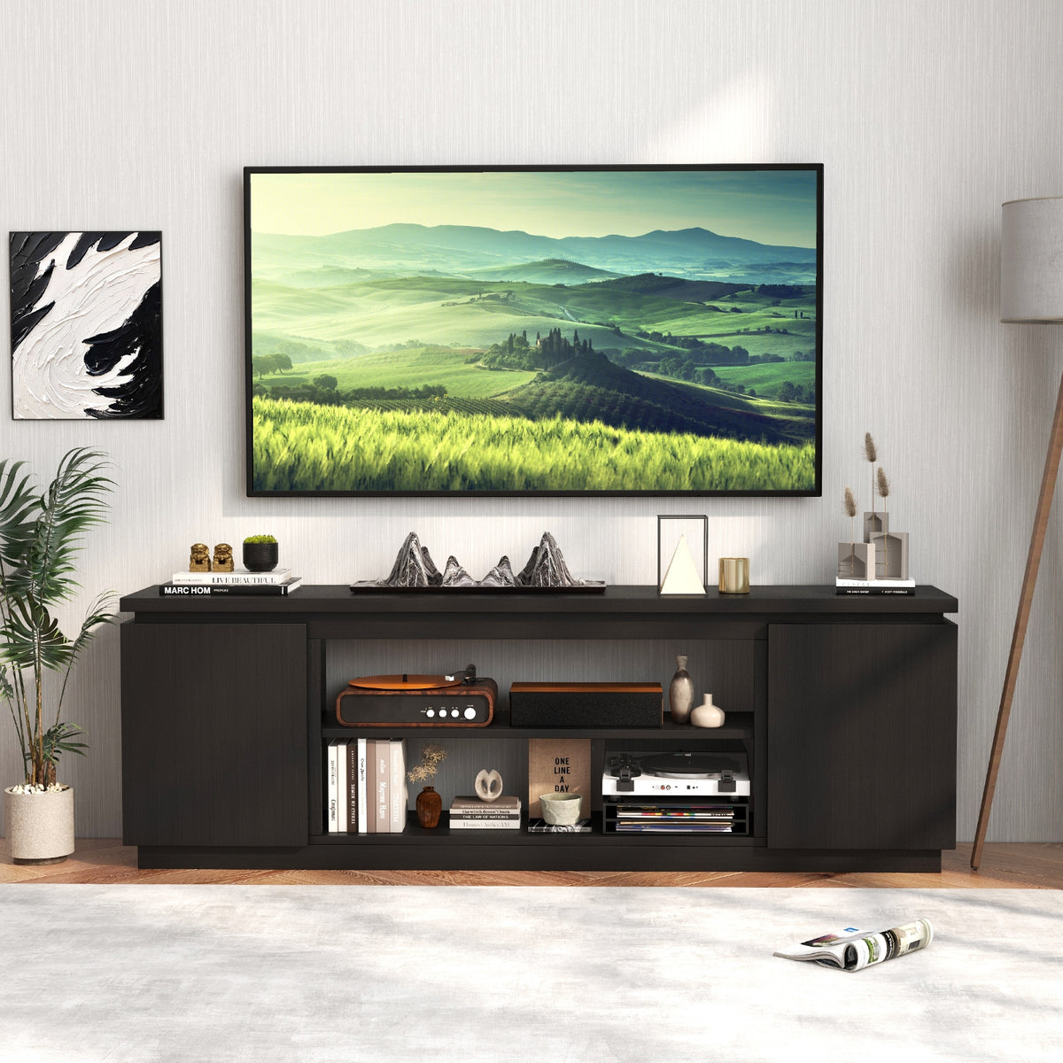 TV Cabinet with 3 Adjustable Shelves and Anti-Tipping Kits for TVs up to 80 Inch-Black-Entertainment Centers & TV Stands-DECOROLALA