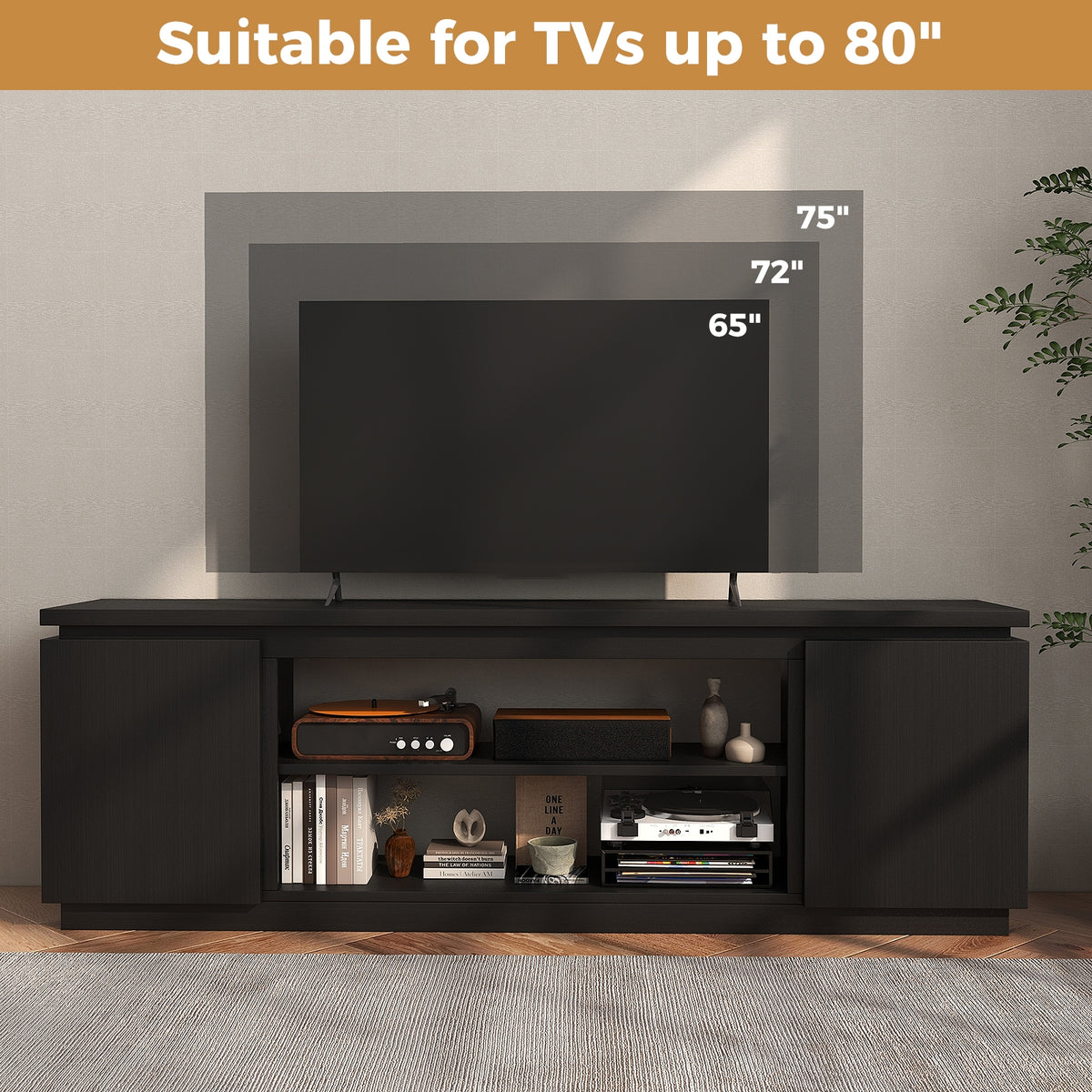 TV Cabinet with 3 Adjustable Shelves and Anti-Tipping Kits for TVs up to 80 Inch-Black-Entertainment Centers & TV Stands-DECOROLALA