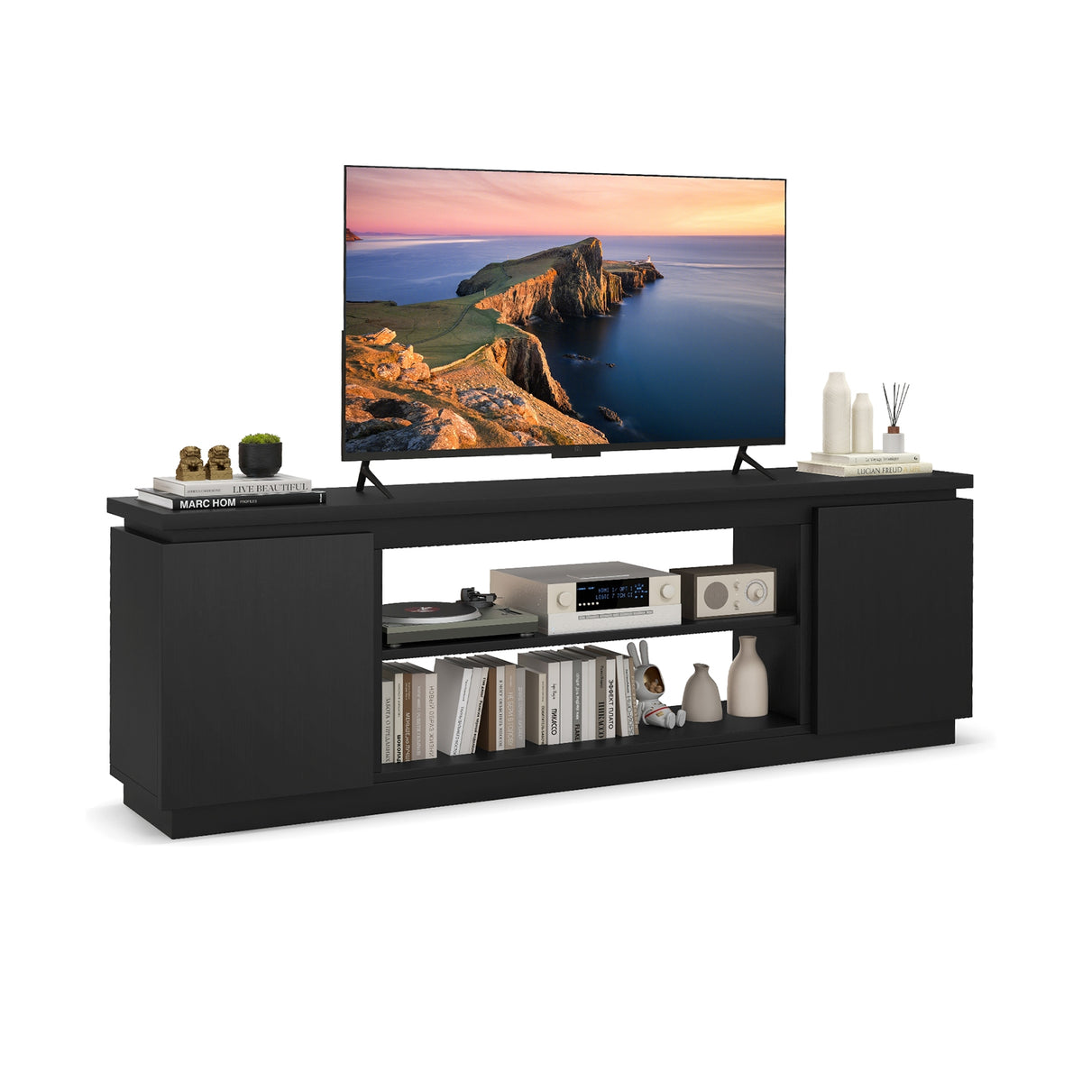 TV Cabinet with 3 Adjustable Shelves and Anti-Tipping Kits for TVs up to 80 Inch-Black-Entertainment Centers & TV Stands-DECOROLALA