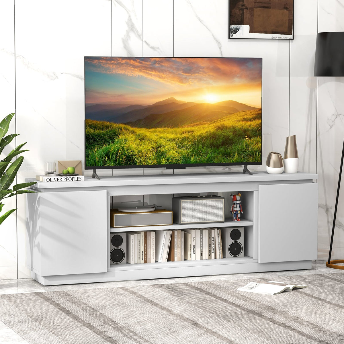 TV Cabinet with 3 Adjustable Shelves and Anti-Tipping Kits for TVs up to 80 Inch-White-Entertainment Centers & TV Stands-DECOROLALA