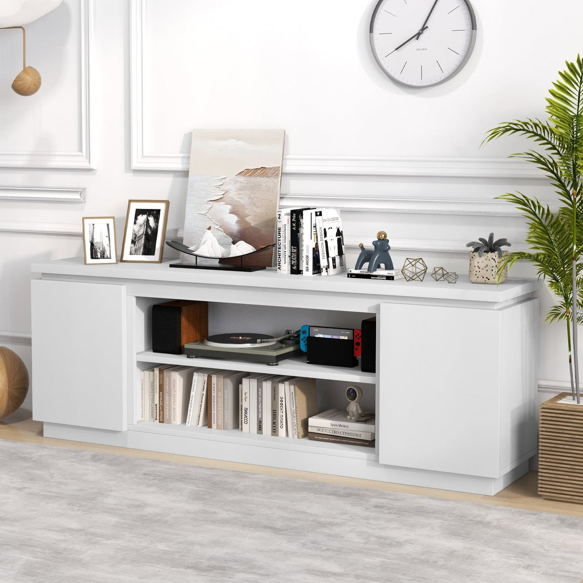 TV Cabinet with 3 Adjustable Shelves and Anti-Tipping Kits for TVs up to 80 Inch-White-Entertainment Centers & TV Stands-DECOROLALA