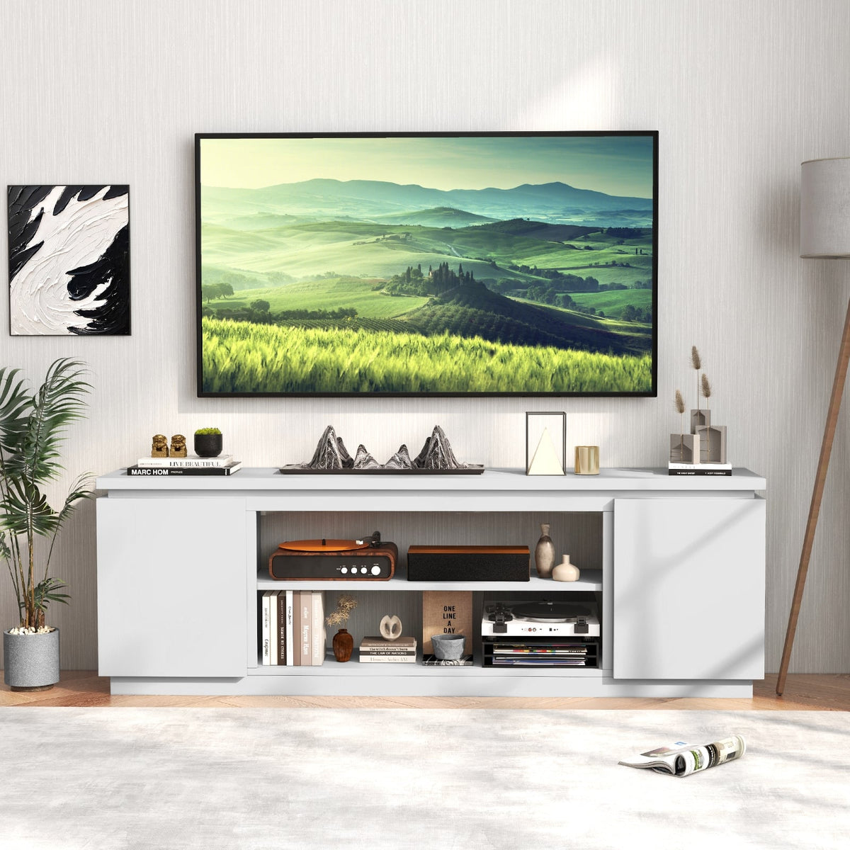 TV Cabinet with 3 Adjustable Shelves and Anti-Tipping Kits for TVs up to 80 Inch-White-Entertainment Centers & TV Stands-DECOROLALA