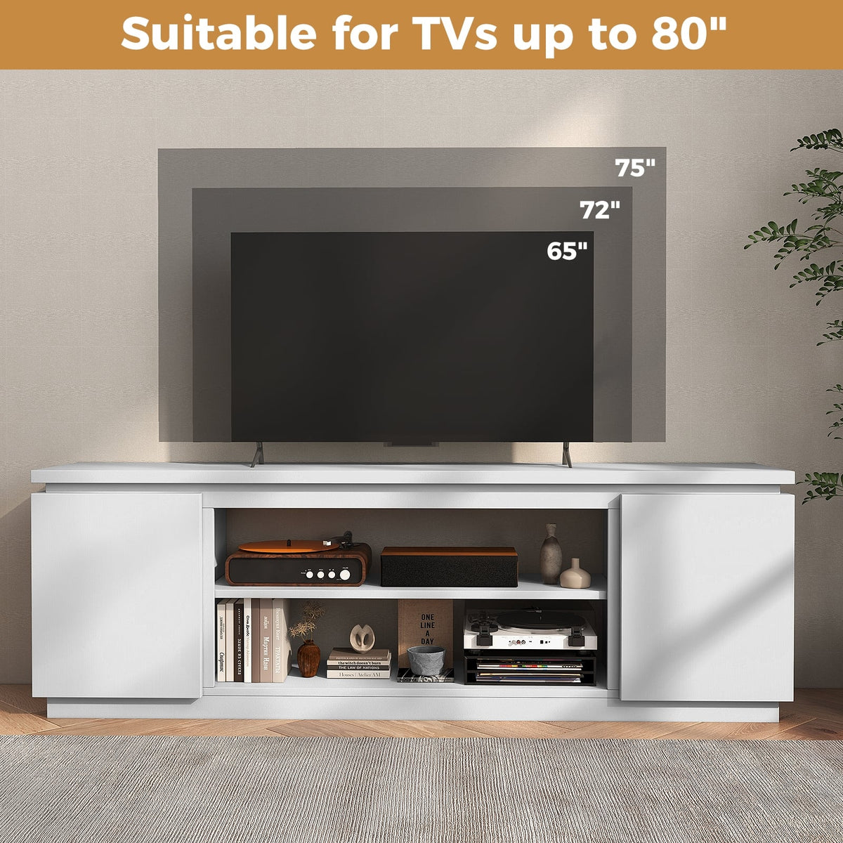 TV Cabinet with 3 Adjustable Shelves and Anti-Tipping Kits for TVs up to 80 Inch-White-Entertainment Centers & TV Stands-DECOROLALA