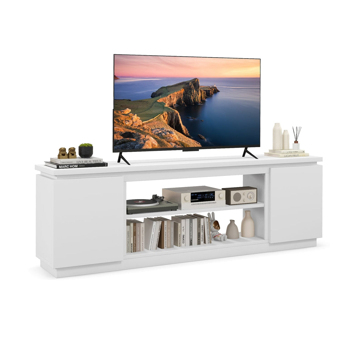 TV Cabinet with 3 Adjustable Shelves and Anti-Tipping Kits for TVs up to 80 Inch-White-Entertainment Centers & TV Stands-DECOROLALA