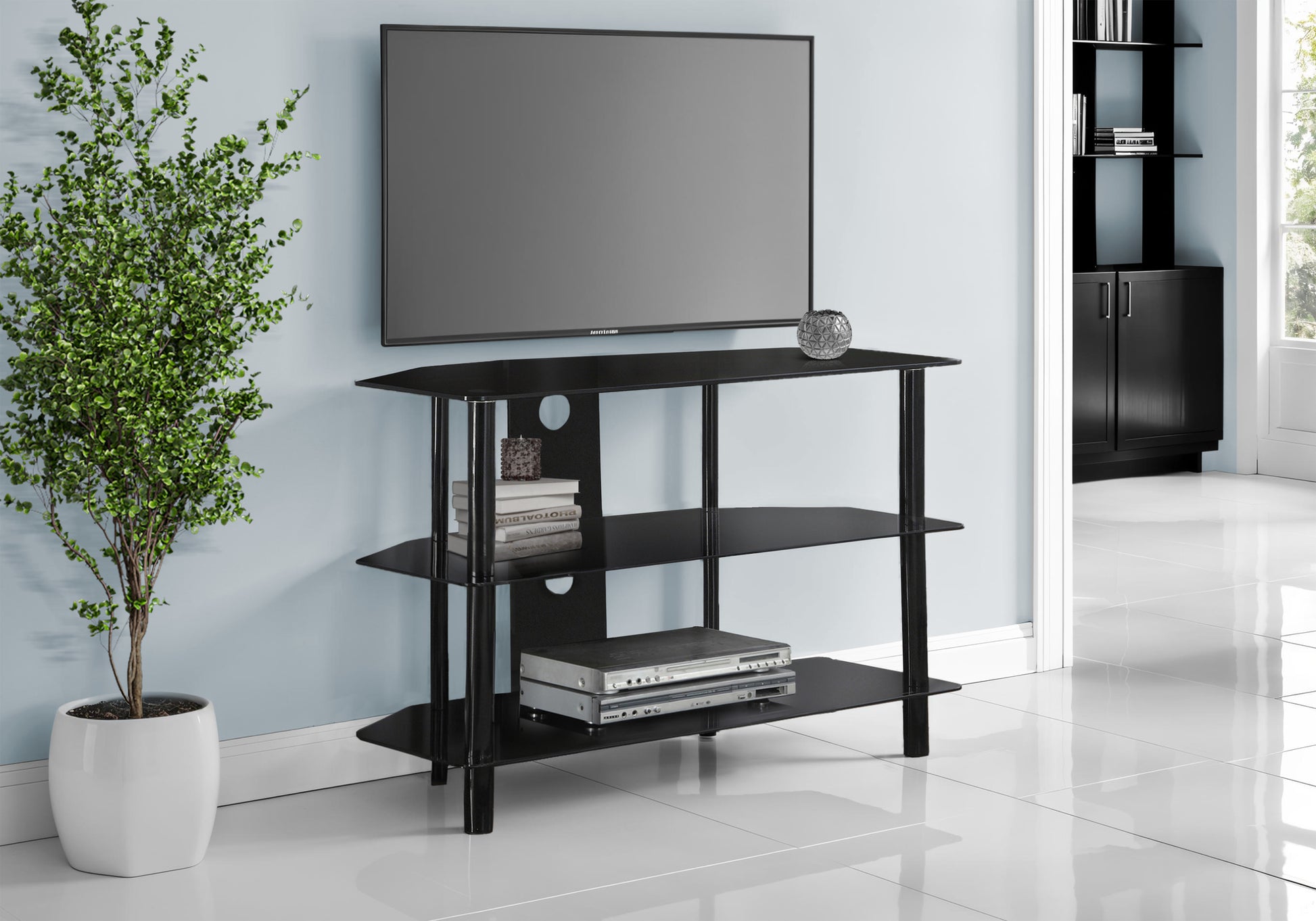 TV STAND - 36"L / BLACK METAL WITH TEMPERED BLACK GLASS-Tv Stand-DECOROLALA