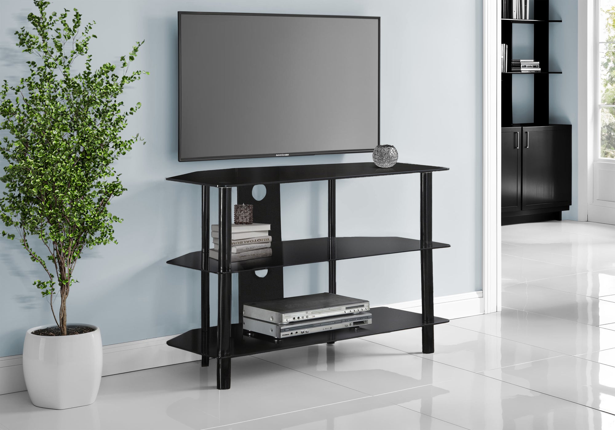 TV STAND - 36"L / BLACK METAL WITH TEMPERED BLACK GLASS-Tv Stand-DECOROLALA