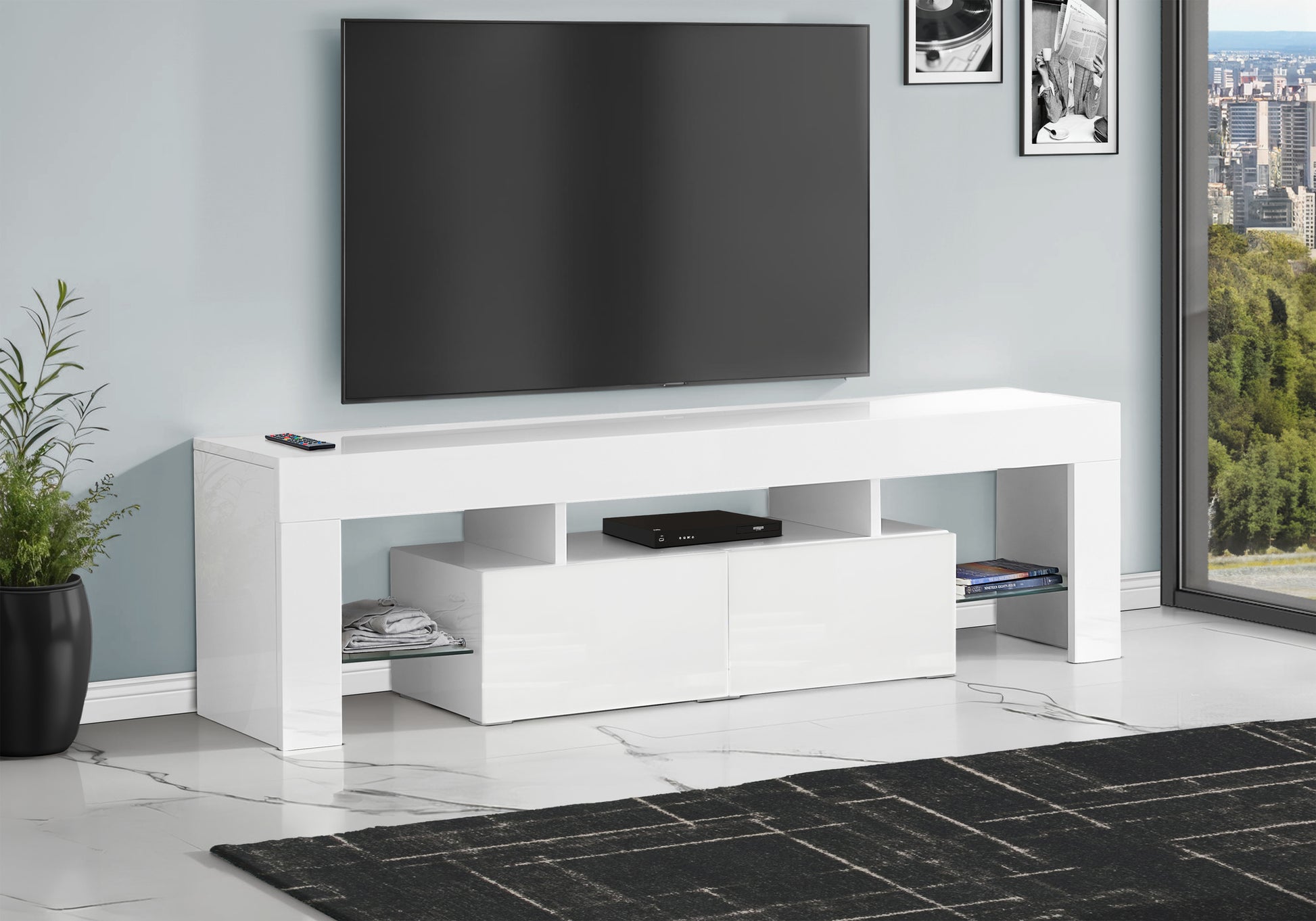 TV STAND - 63"L / HIGH GLOSSY WHITE WITH TEMPERED GLASS-Tv Stand-DECOROLALA