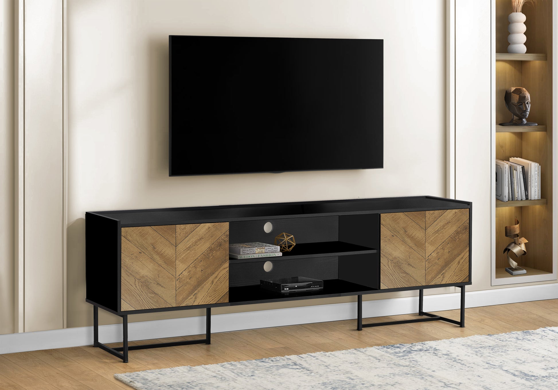 TV STAND - 72"L / BLACK / METAL WITH 2 WOOD-LOOK DOORS-Tv Stand-DECOROLALA