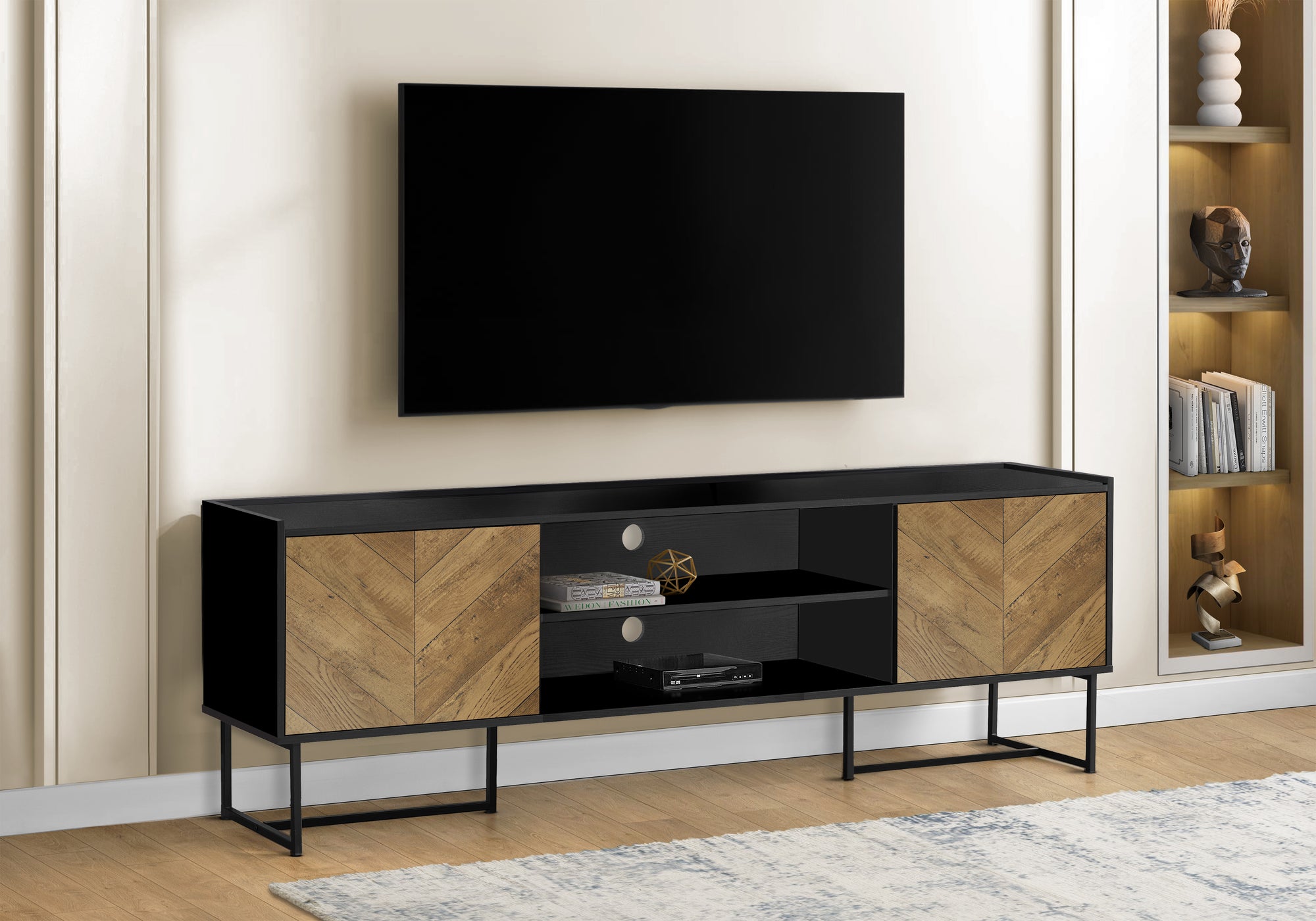 TV STAND - 72"L / BLACK / METAL WITH 2 WOOD-LOOK DOORS-Tv Stand-DECOROLALA