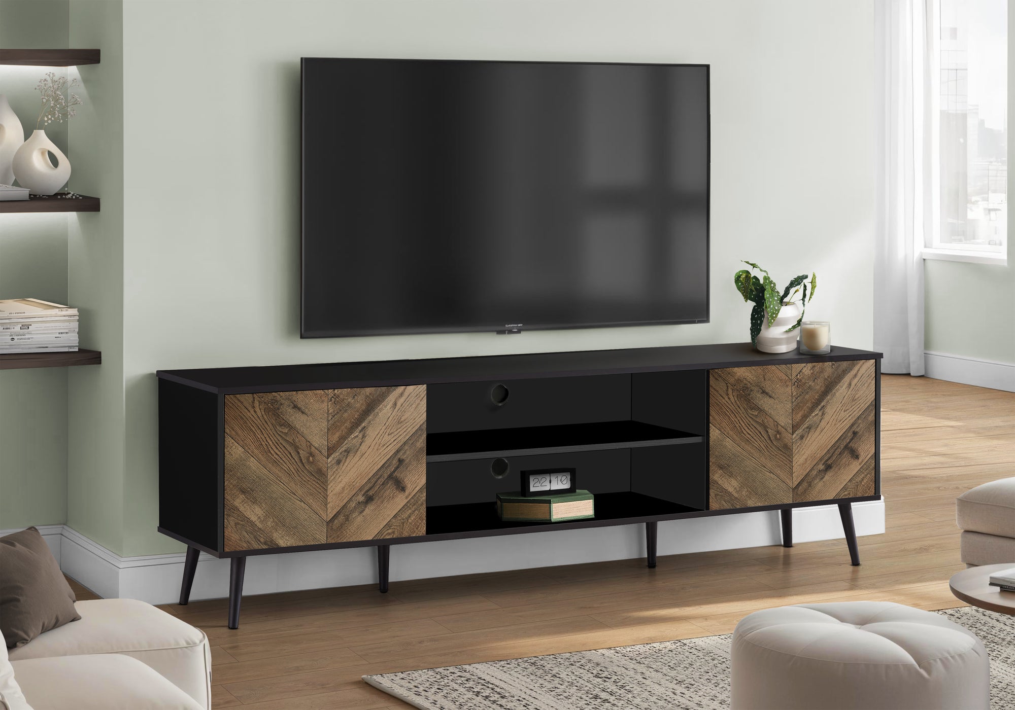 TV STAND - 72"L / BLACK WITH 2 WOOD-LOOK DOORS-Tv Stand-DECOROLALA