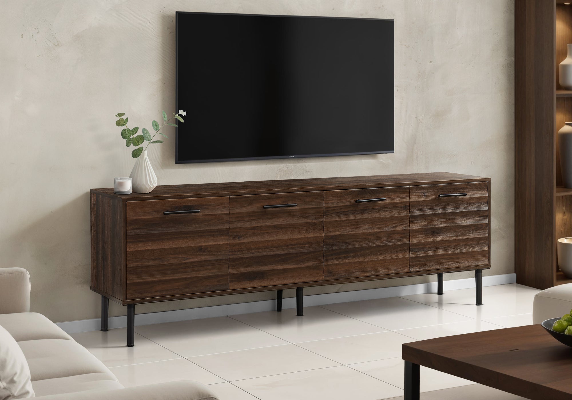 TV STAND - 72"L / DARK BROWN WOOD-LOOK WITH 4 DOORS-Tv Stand-DECOROLALA
