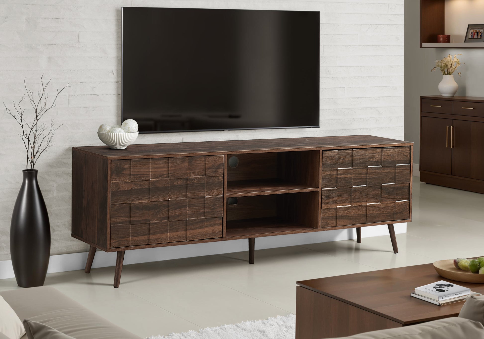 TV STAND - 72"L / DARK WALNUT WITH STORAGE-Tv Stand-DECOROLALA