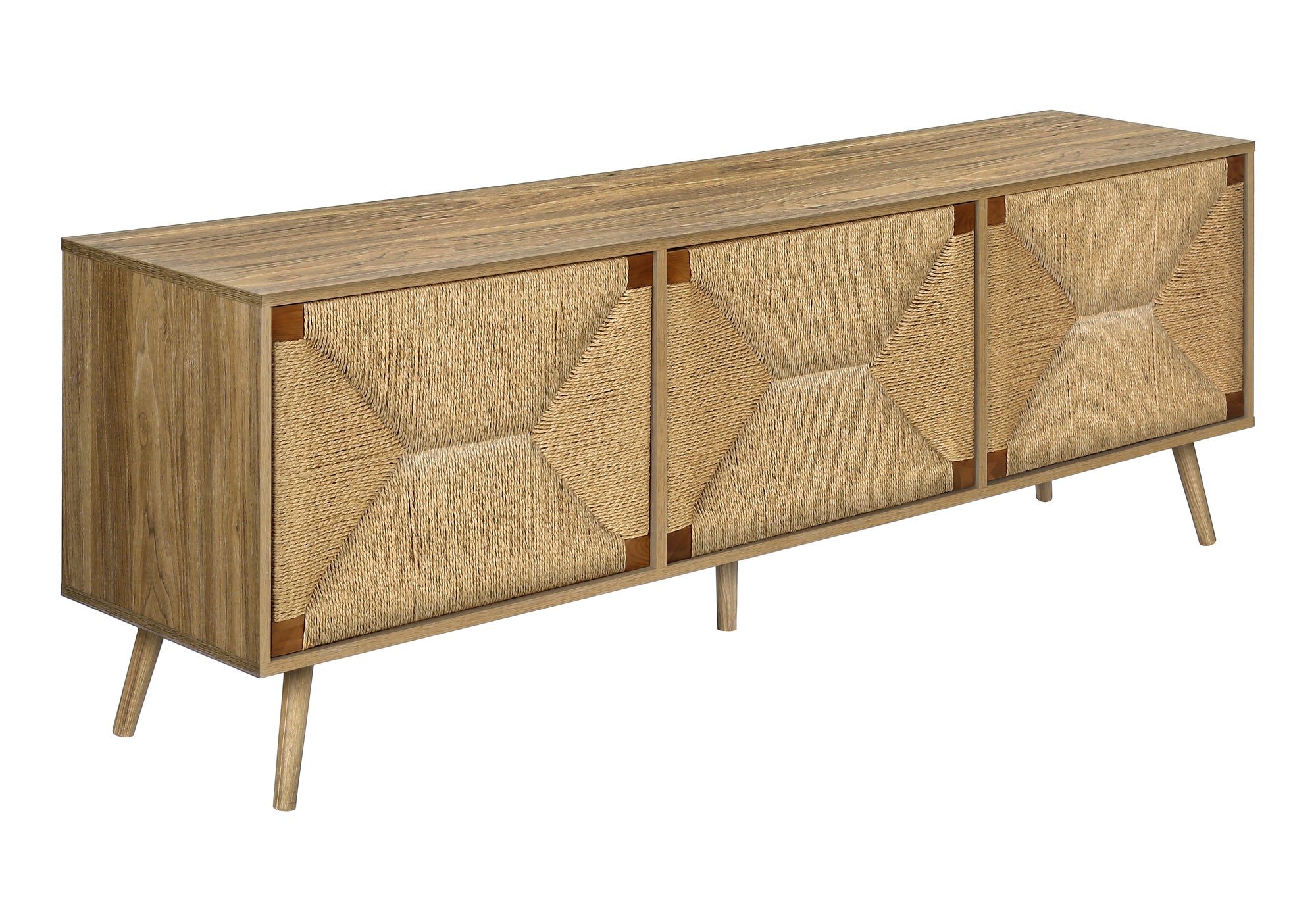 TV STAND - 72"L / LIGHT WALNUT / SEAGRASS WITH 3 DOORS-Tv Stand-DECOROLALA