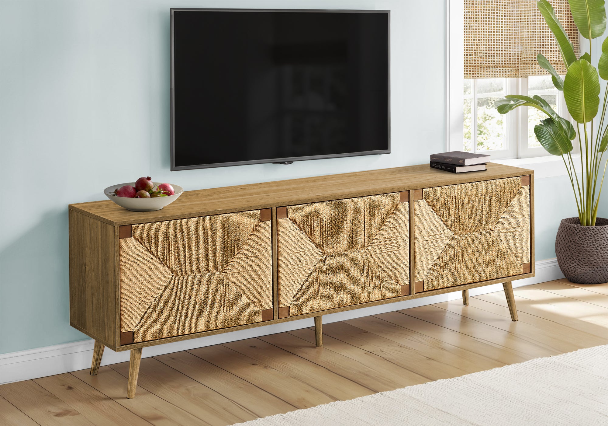 TV STAND - 72"L / LIGHT WALNUT / SEAGRASS WITH 3 DOORS-Tv Stand-DECOROLALA