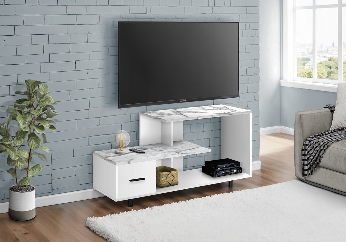 TV Stand 48" White Marble Top 1 Drawer-TV Stands-DECOROLALA