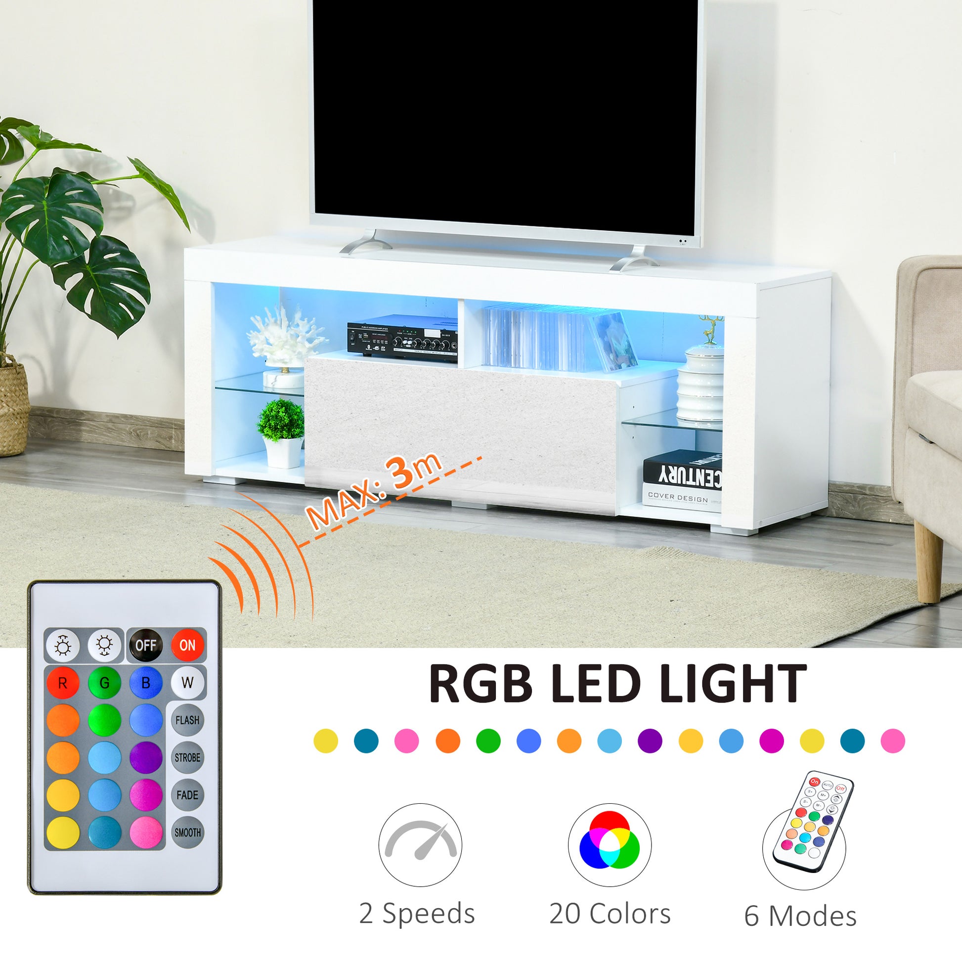 TV Stand 55" LED Lights White Storage-DECOROLALA
