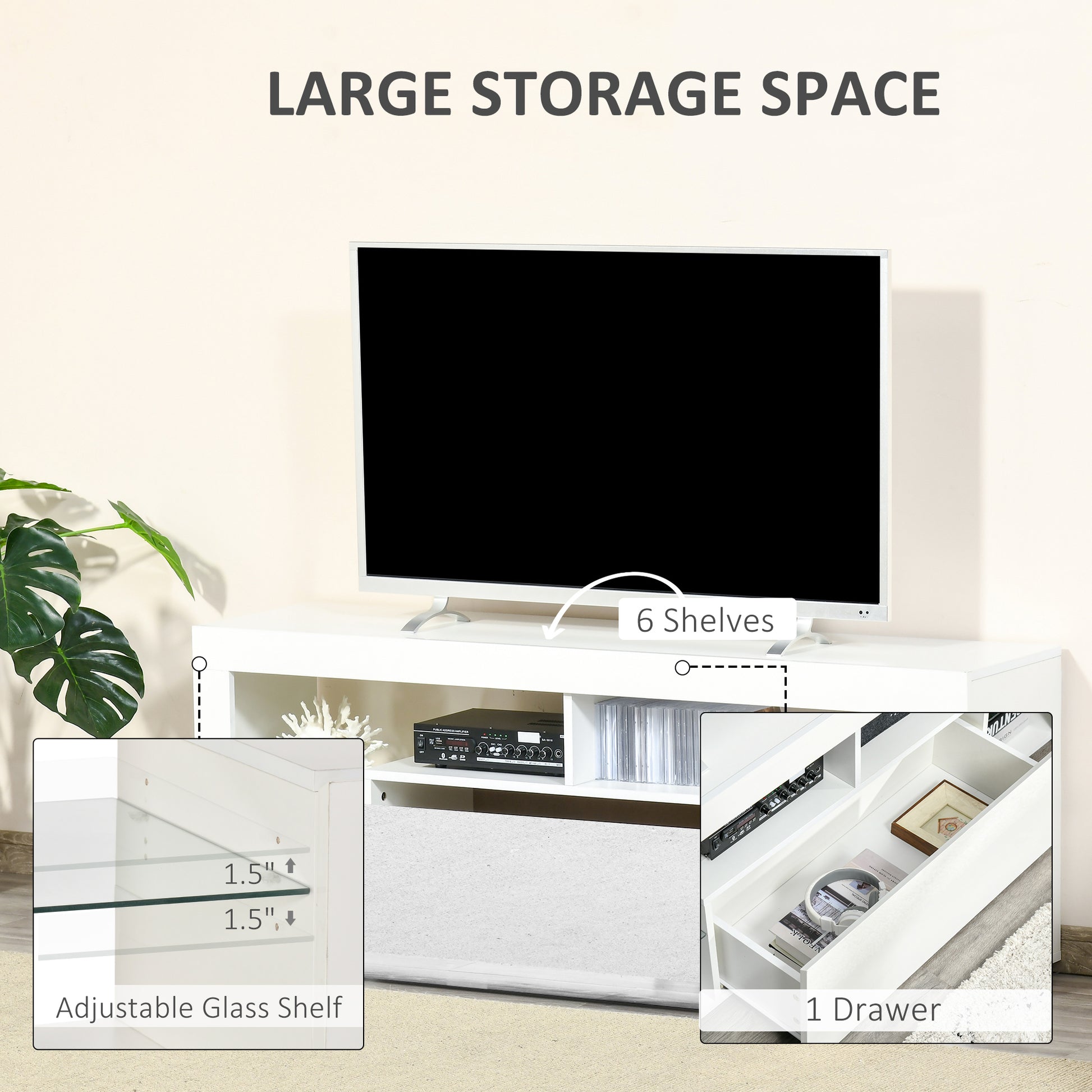 TV Stand 55" LED Lights White Storage-DECOROLALA