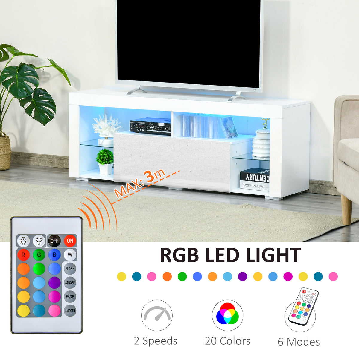 TV Stand 55" LED Lights White Storage-DECOROLALA