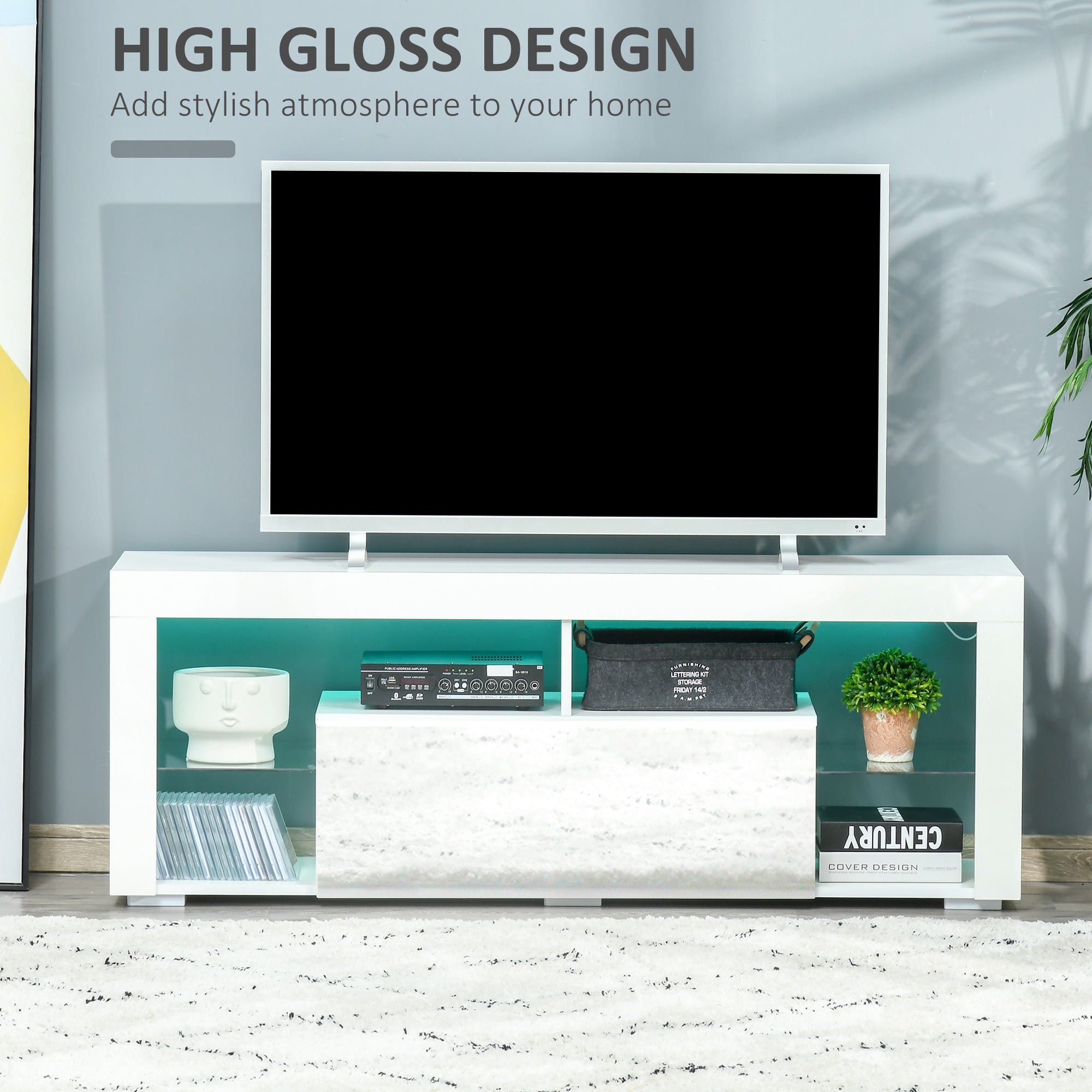 TV Stand 55" LED Lights White Storage-DECOROLALA