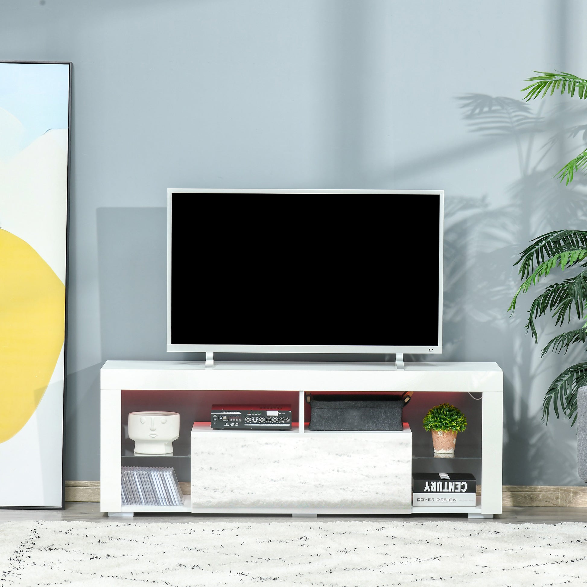 TV Stand 55" LED Lights White Storage-DECOROLALA