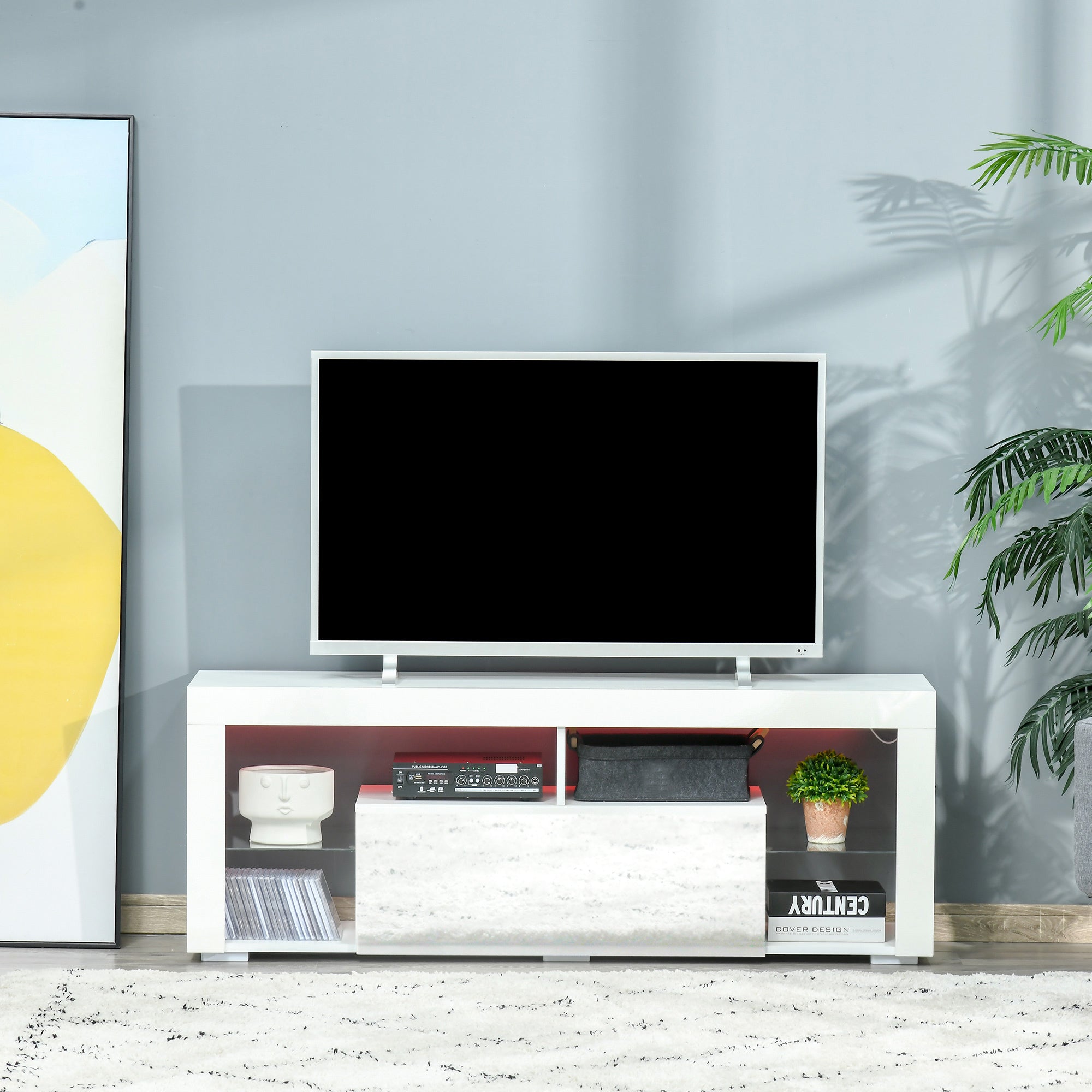 TV Stand 55" LED Lights White Storage-DECOROLALA